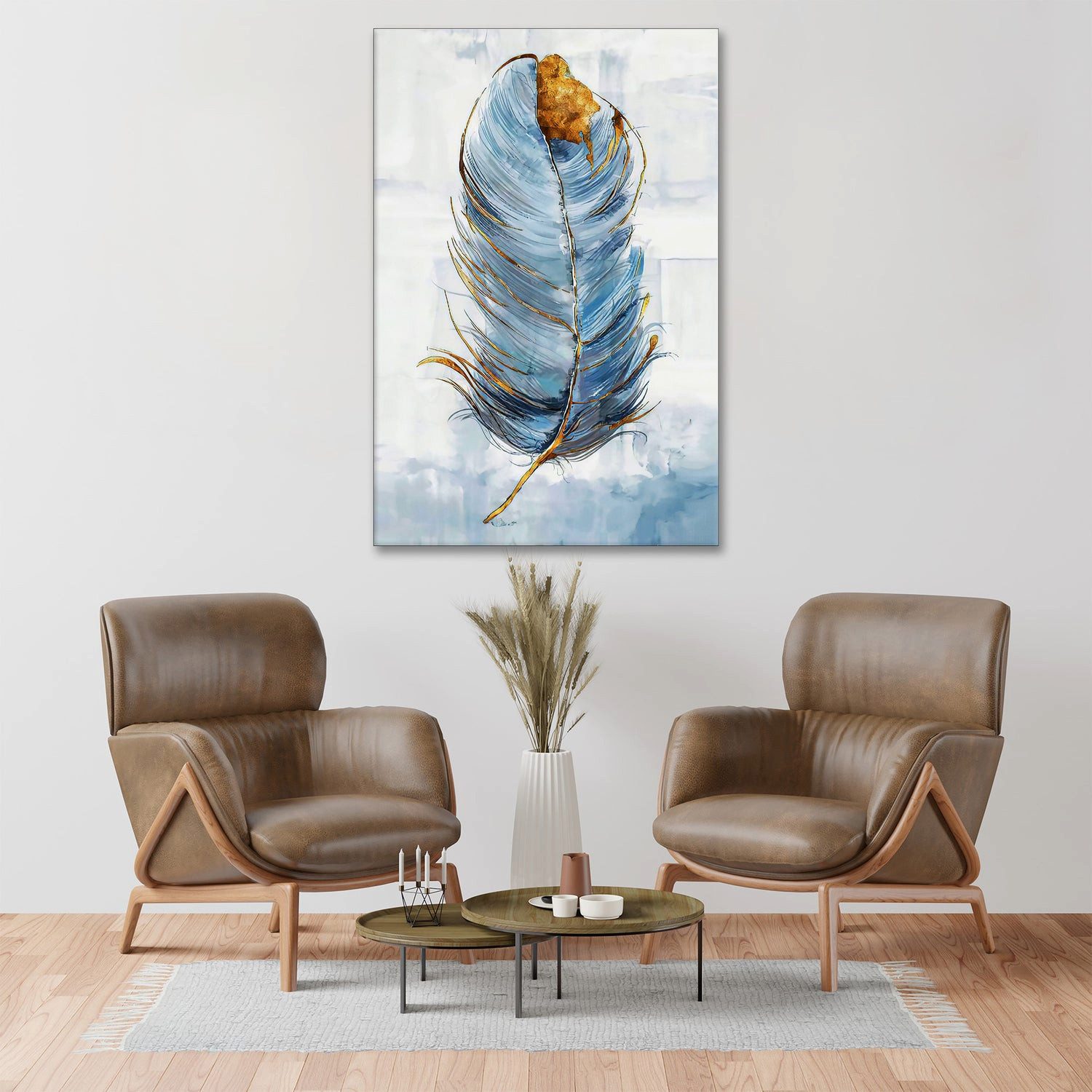 Artedinoi Leinwandbild Feder Blau Gold Abstrakt Leinwandbild Wandbild XL Deko Kunst, Feder in Blau