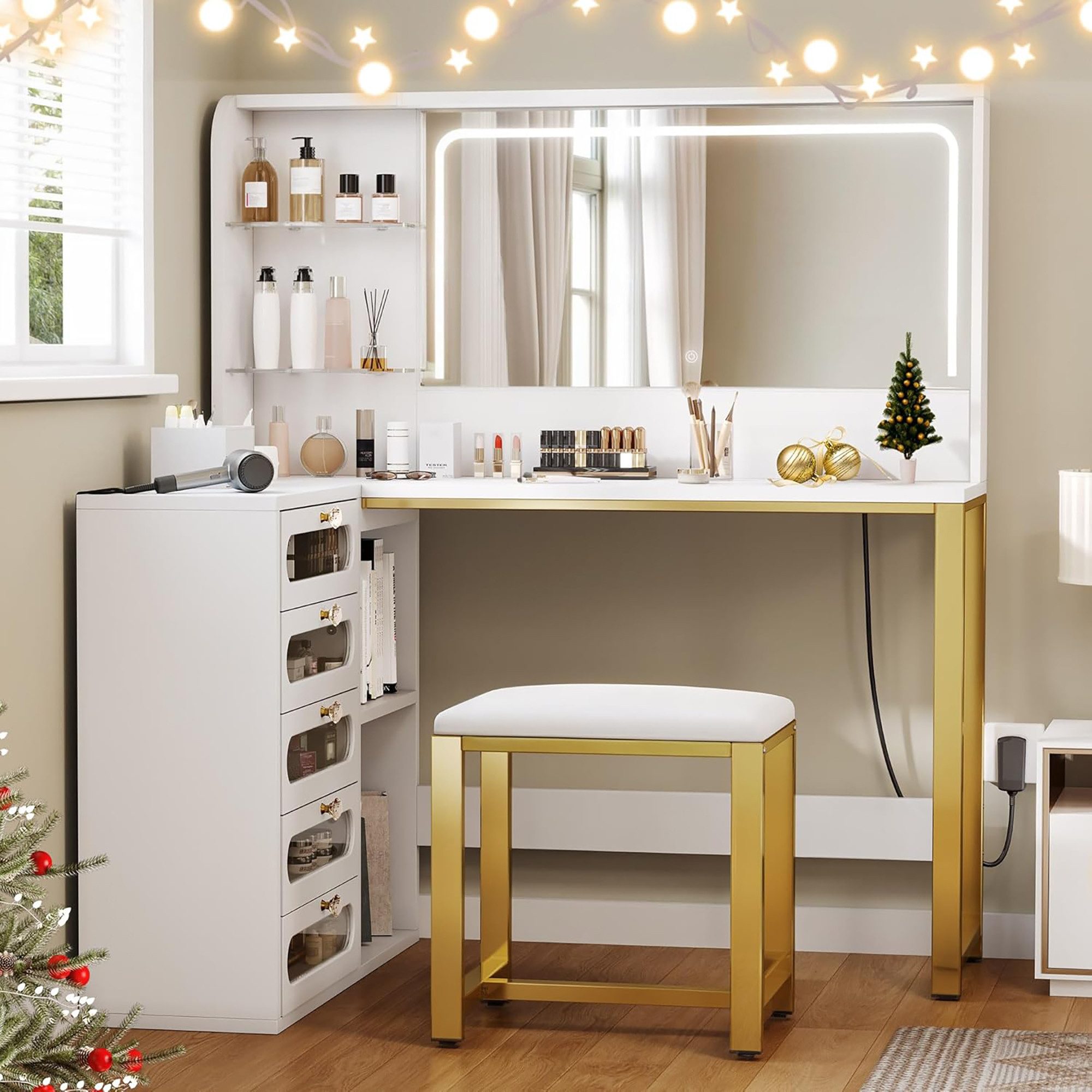 Schminktisch mit Spiegel und LED Beleuchtung, Hocker, 5 Schubladen und 2 Ablagen