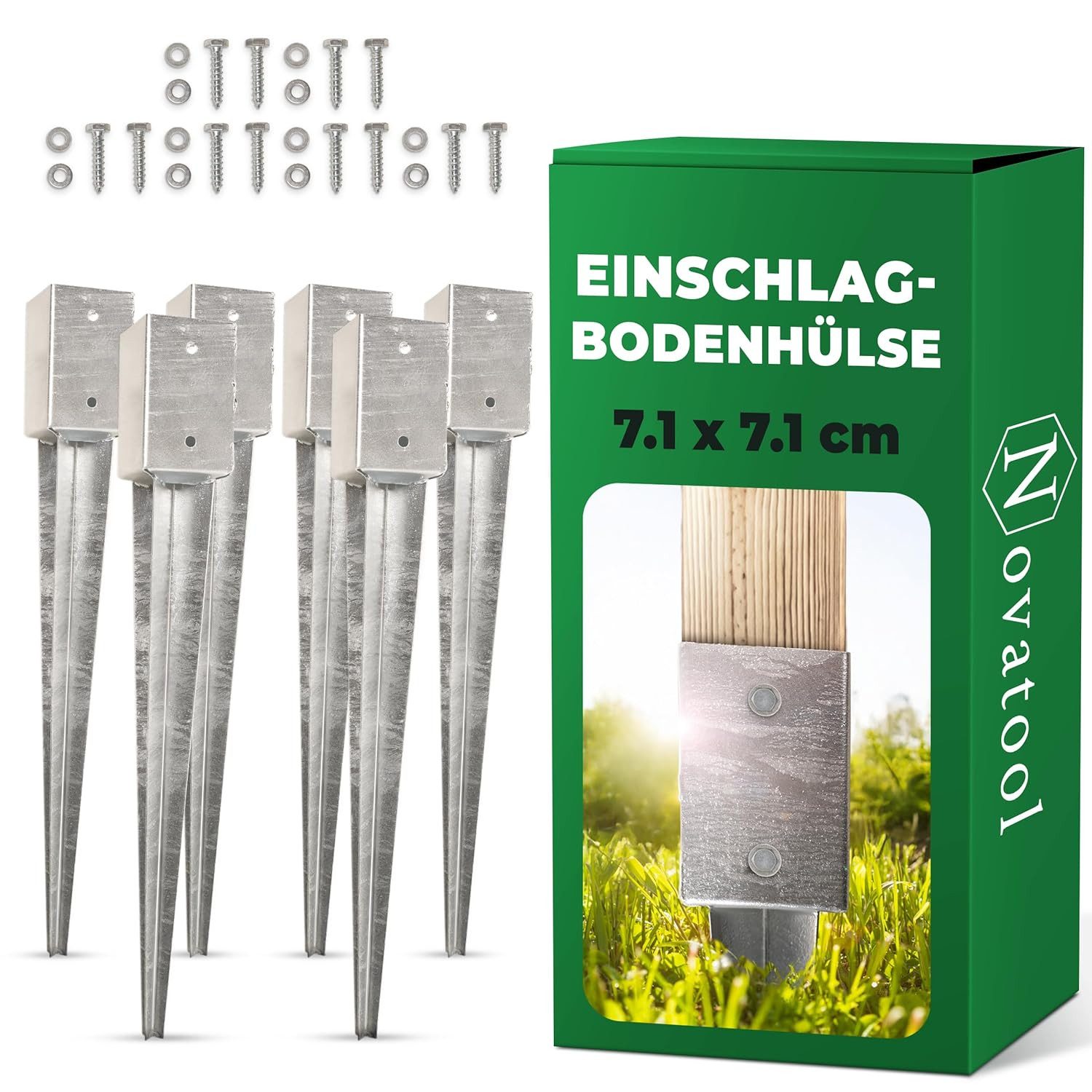 Novatool Einschlag-Bodenhülse 31074-6x, Novatool 6x Einschlagbodenhülsen-Set 71x71x750 mm, Bodenhülse Sonnensc