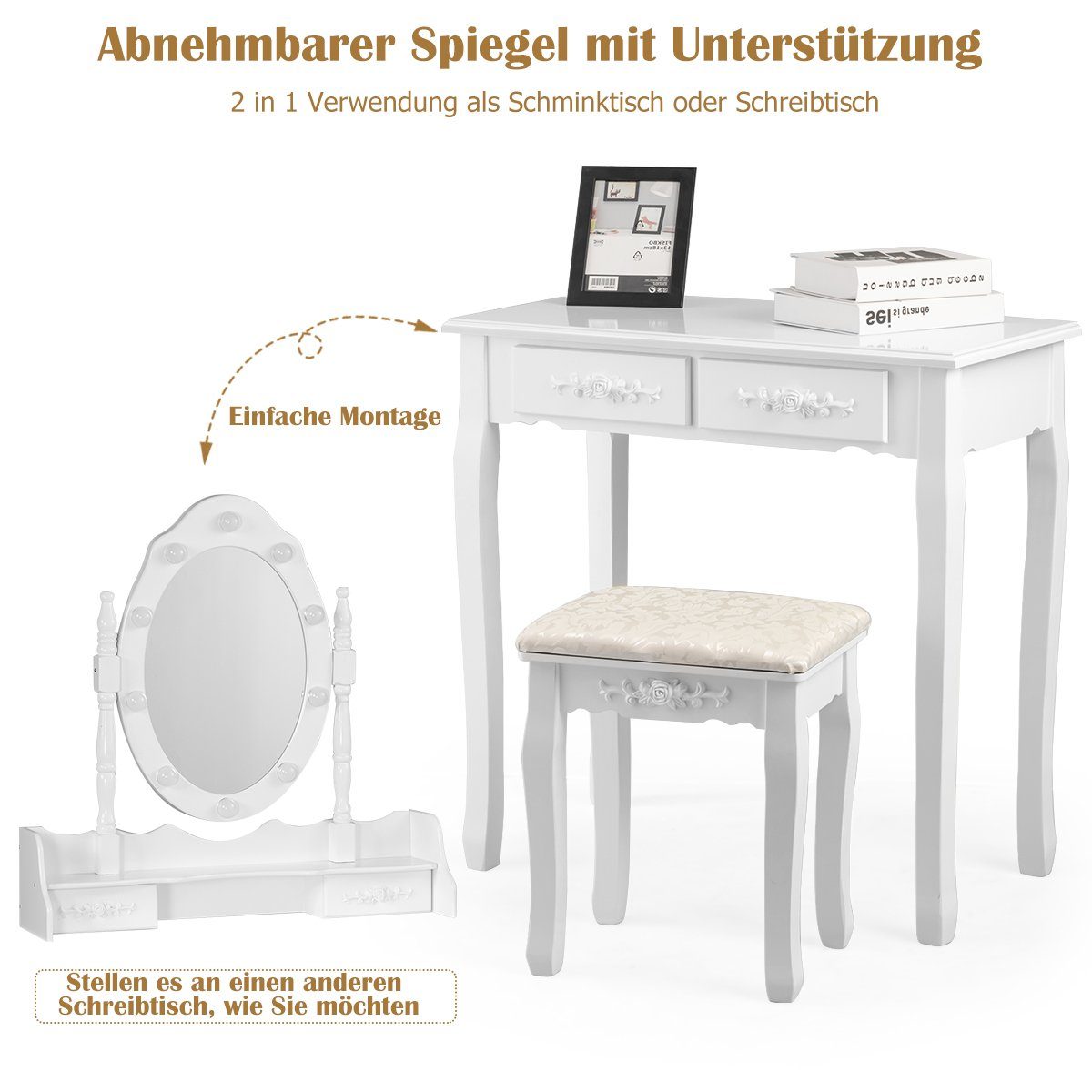 Spiegel&Beleuchtung mit COSTWAY Schubladen, Schminktisch, drehbarem Weiß 4 Hocker,