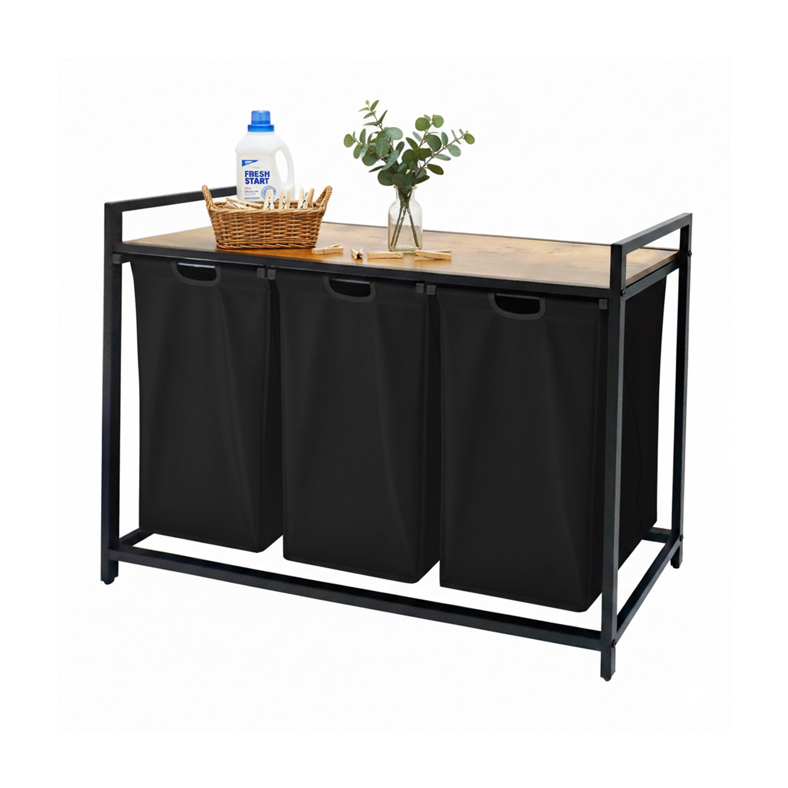 relaxdays Wäschesortierer Wäschesammler 3 Fächer mit Ablage, schwarz