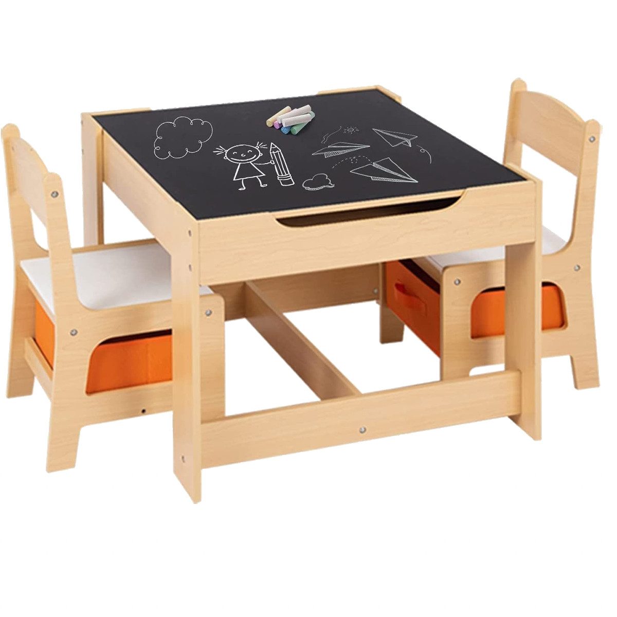 COSTWAY Kindersitzgruppe 3 TLG. mit 2 Stühlen, mit Stauraum & Tafel