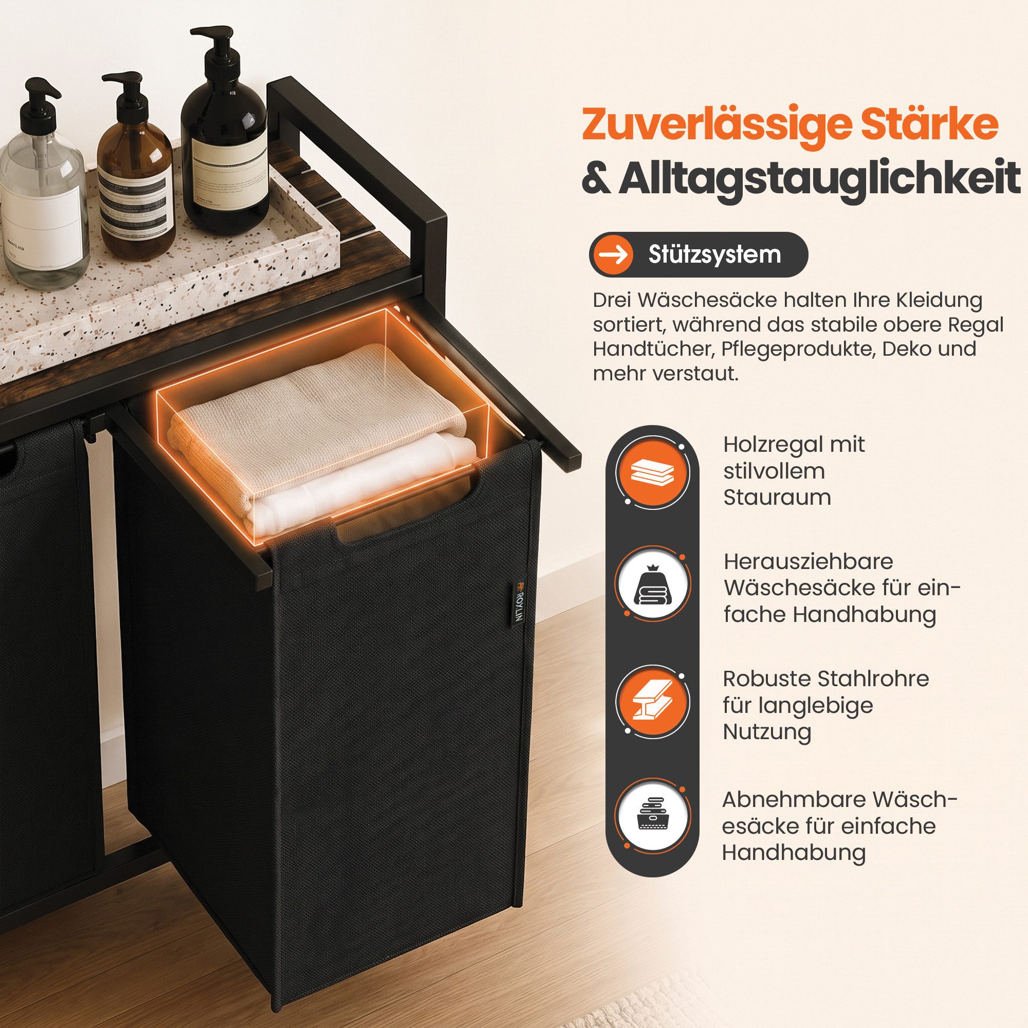 Roxlin Wäschekorb Wäschekorb 3 Fächer – Wäschesammler mit Deckel & Ablage – Bild 3 von 5