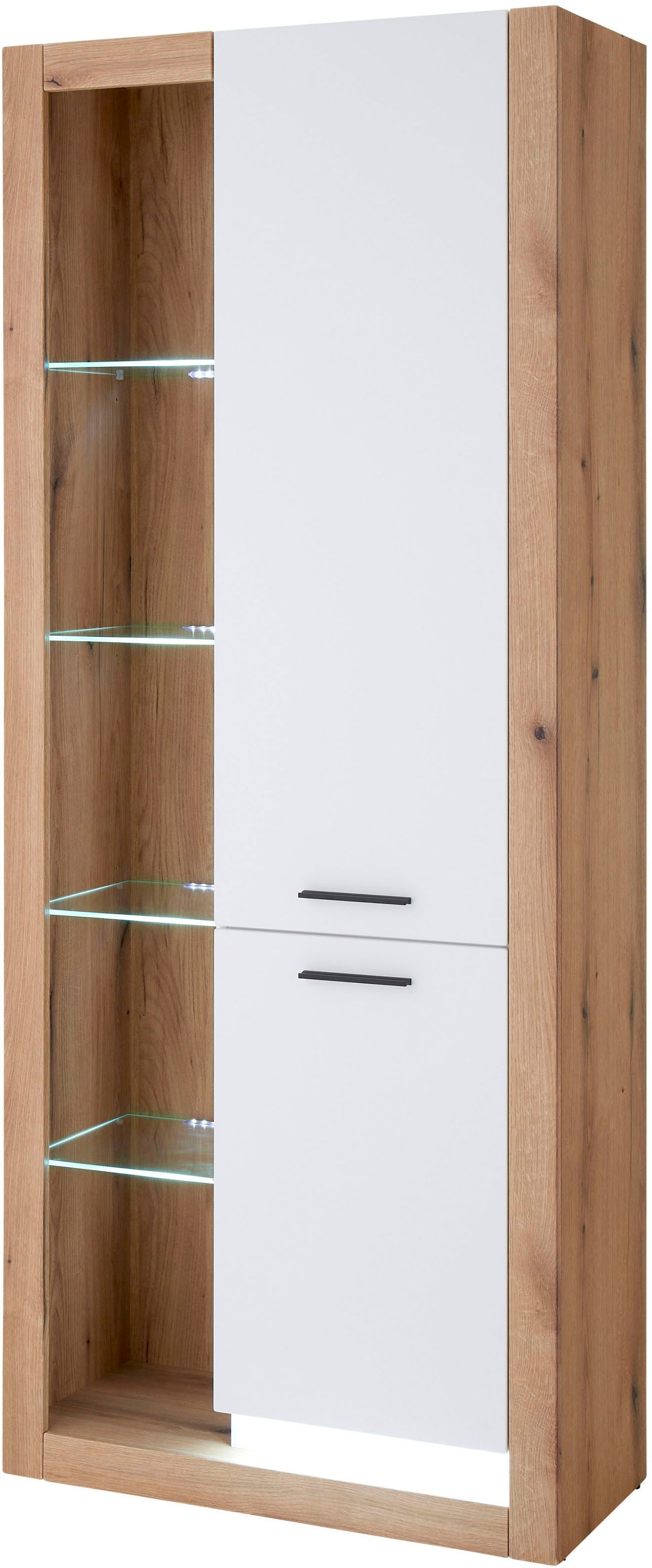 Home affaire Vitrine Brixen, Vitrinenschrank in Eiche Dekor, moderne Standvitrine Metallgriffe, ausreichend Stauraum, vielseitig einsetzbar, 80 cm breit