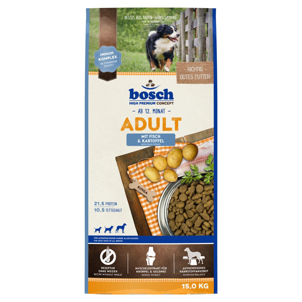 Bosch Petfood Adult mit Fisch & Kartoffel 15 kg, Trockenfutter für: Hund