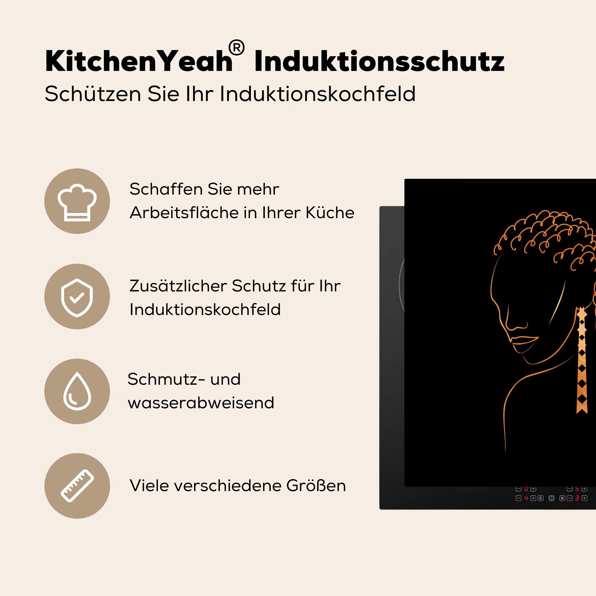 MuchoWow Herdblende-/Abdeckplatte Frau - küche Gold, (1 - Ceranfeldabdeckung, 78x78 - tlg), Vinyl, für cm, Linienkunst Ohrringe Arbeitsplatte