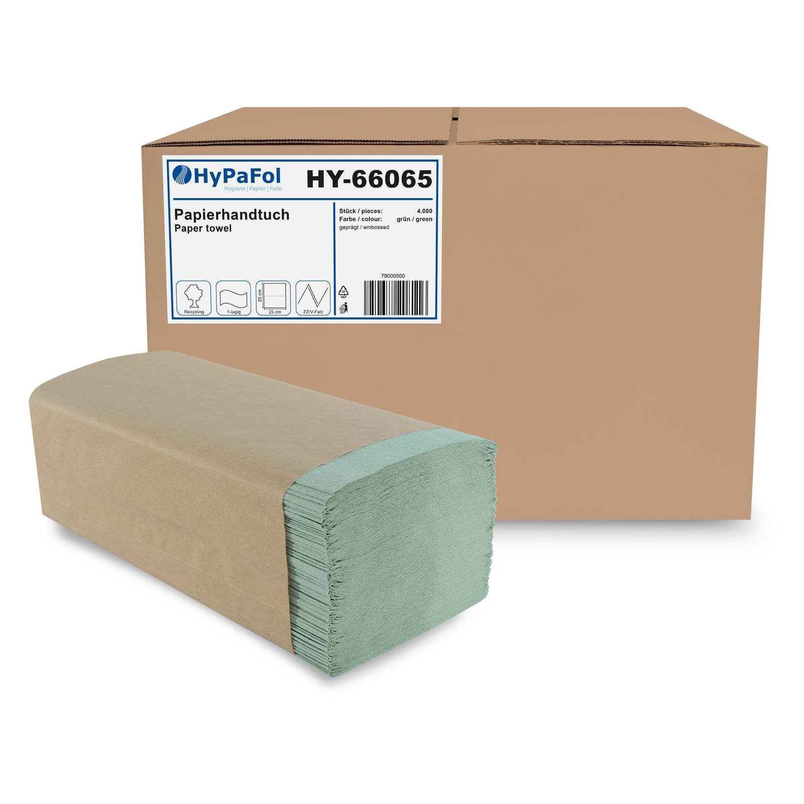 Hypafol Papierhandtuch 1-lagig, recycling grün, 25x20 cm, ZZ/V Falz, 4.000 Blatt (12000-St)