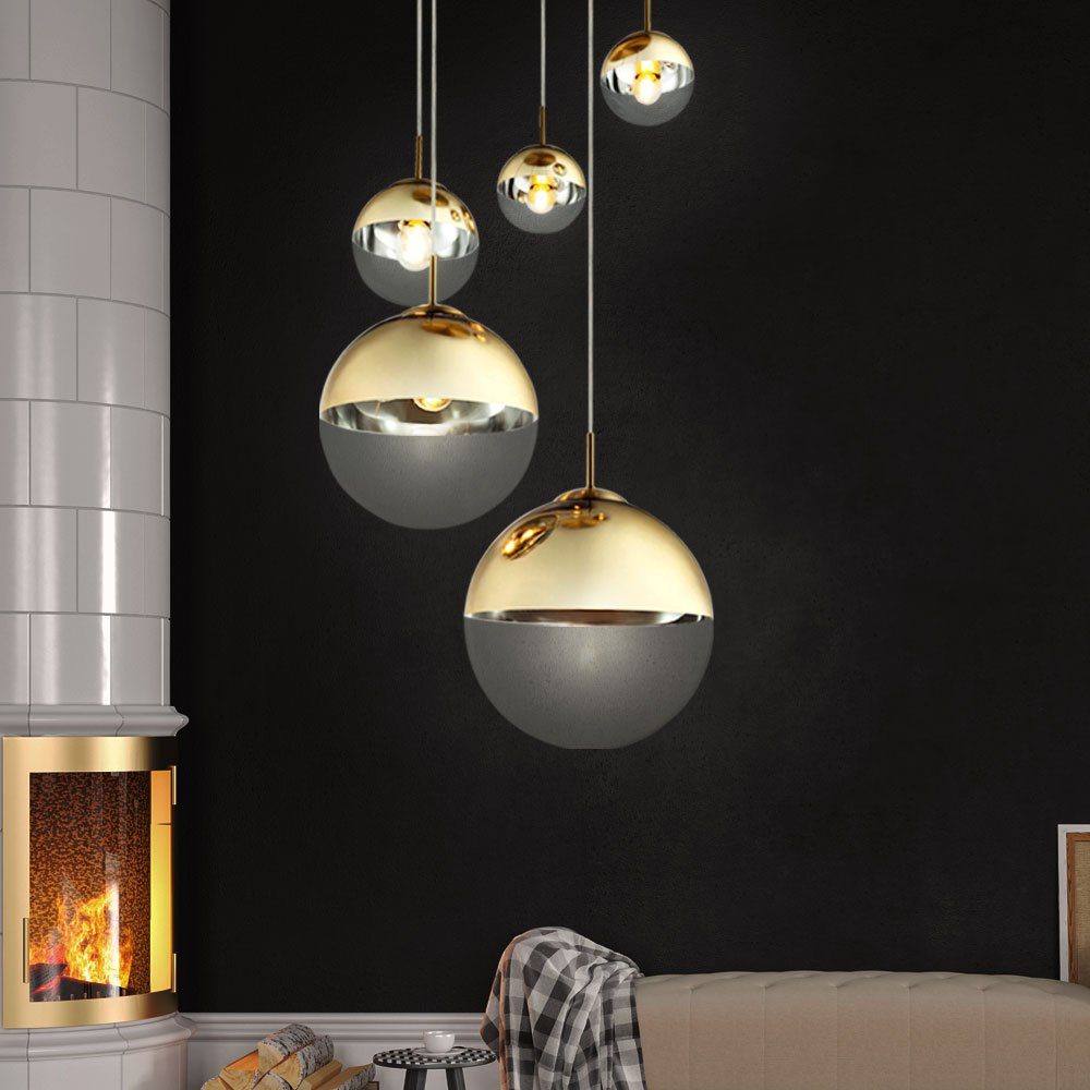 etc-shop LED Pendelleuchte, Leuchtmittel inklusive, Glas Pendel Wohn Zimmer Hänge Kugel Lampe Warmweiß, Decken im gold Leuchte