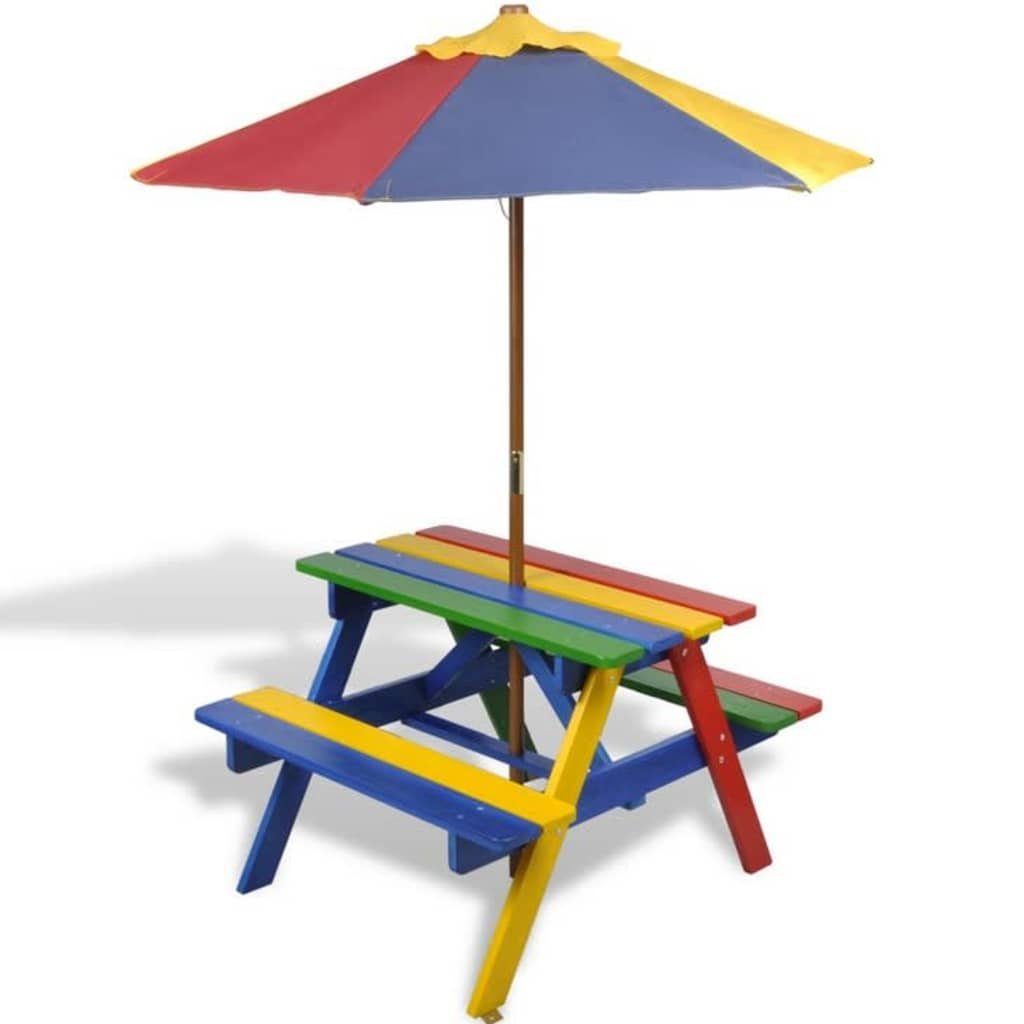 vidaXL Gartentisch Kinder-Picknicktisch Sonnenschirm Mehrfarbig Holz Bänken mit