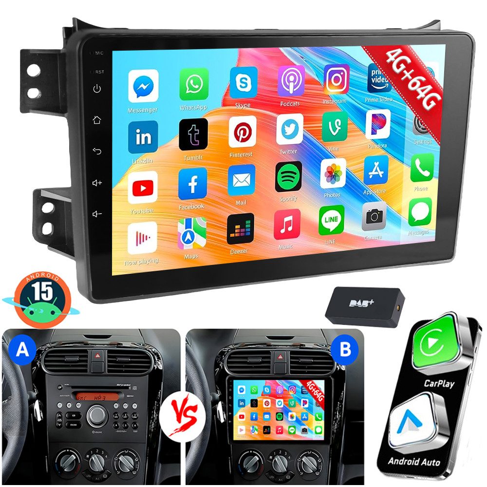 ESSGOO CarPlay 128G Für Opel Agila B 04-14 Suzuki Splash Autoradio Android 15 Autoradio (DAB+ (optional), AM, FM, RDS, 4+64GB(optional)