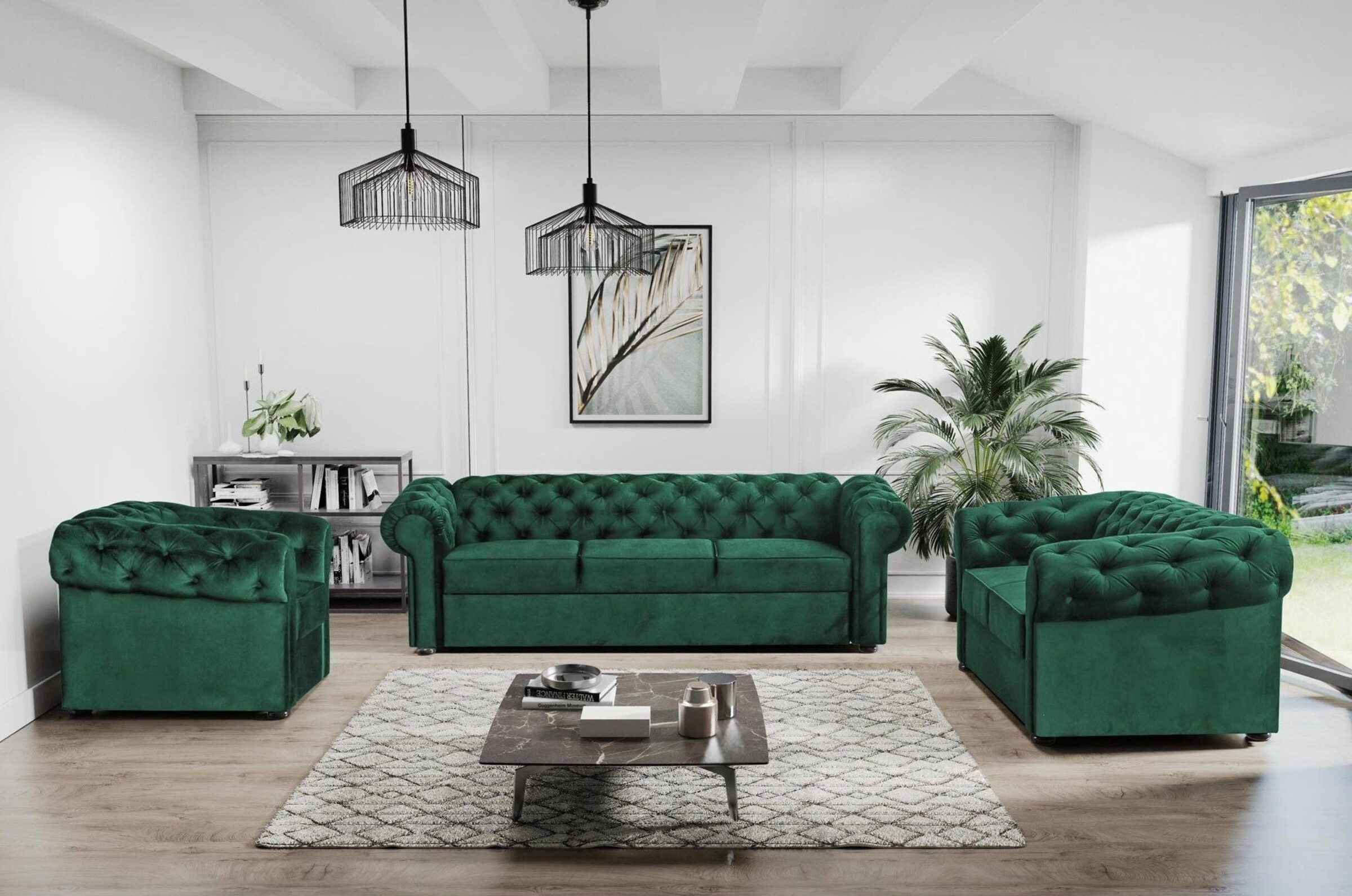 MOEBLO Polstergarnitur Couchgarnitur AVIA 321, (Wohnzimmergarnitur 3+2+1 Dreisitzer-Sofa Zweisitzer-Sofa Sessel Polstermöbel-Set 3+2+1 Sitzgarnitur 3-2-1 Einzelsofa Couch-Set 3-2-1 Polstersessel, Chesterfield Set), Klassischer GLAMOUR Stil mit