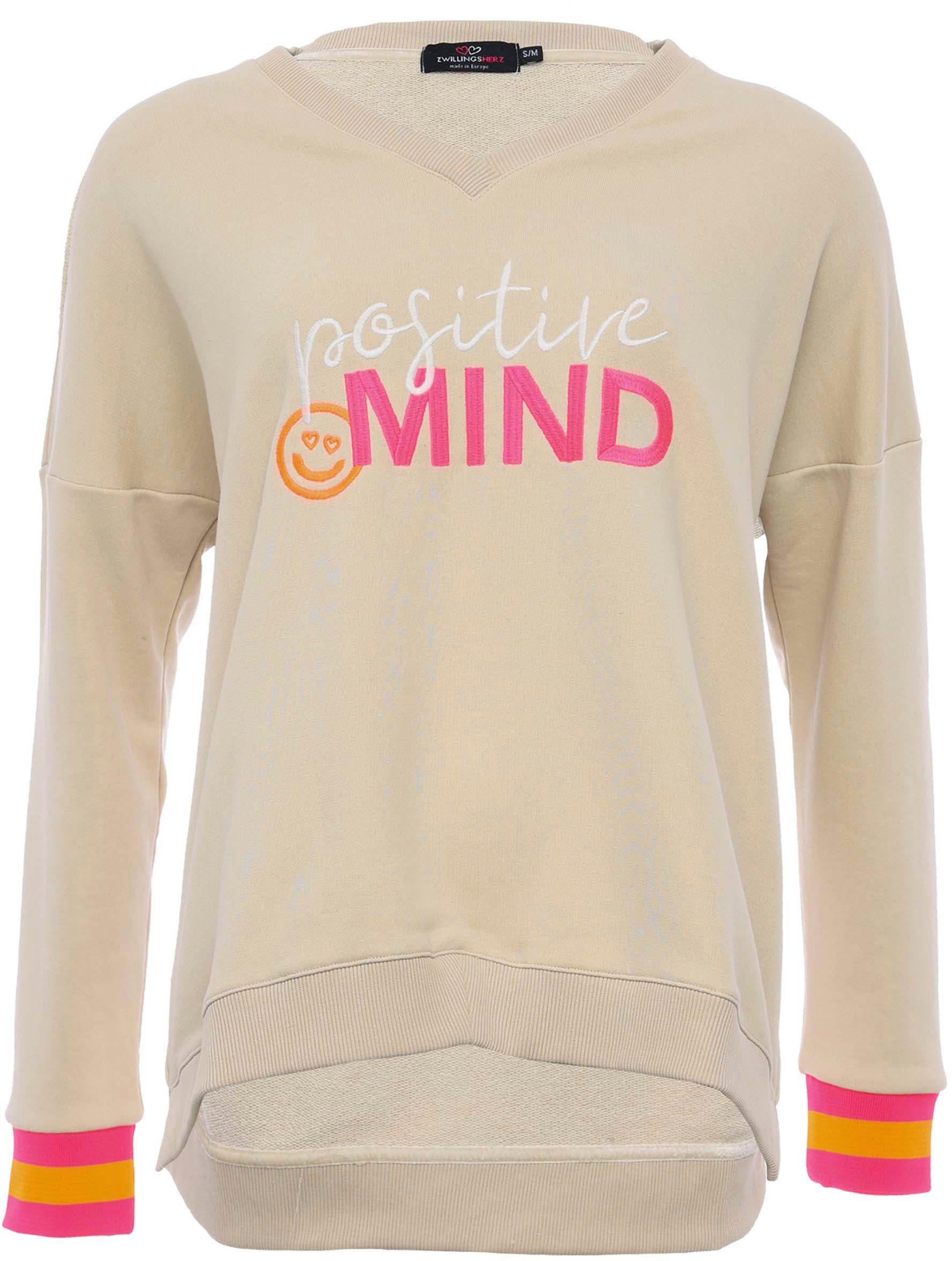 Zwillingsherz Sweatshirt mit V-Ausschnitt, "Positive Mind"-Aufstick günstig online kaufen