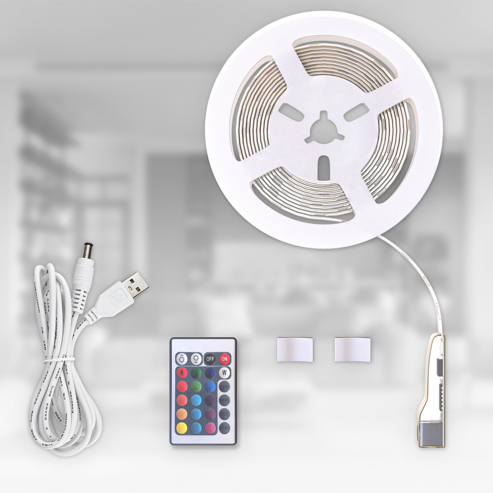 B.K.Licht LED-Streifen 3-5m RGB Band dimmbar Farbwechsel selbstklebend Fernbedienung USB 5V, 3m Stripe kürzbar 90 LEDs 9,9W Wohnzimmer Schlafzimmer - BKL1562 – Bild 3 von 5
