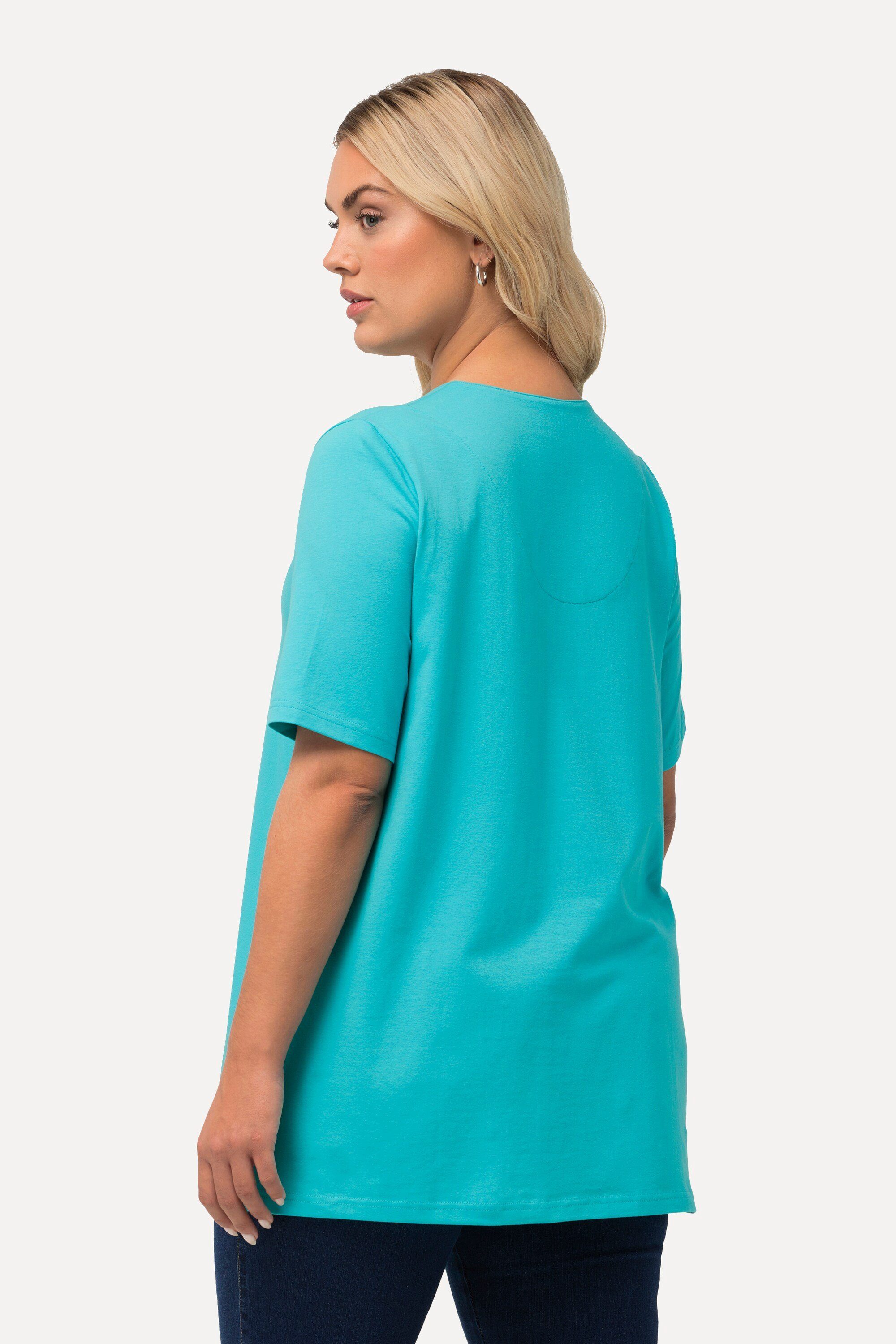 T-Shirt Ulla Rundhalsshirt Popken tiefes A-Linie Tunika-Ausschnitt aqua Halbarm