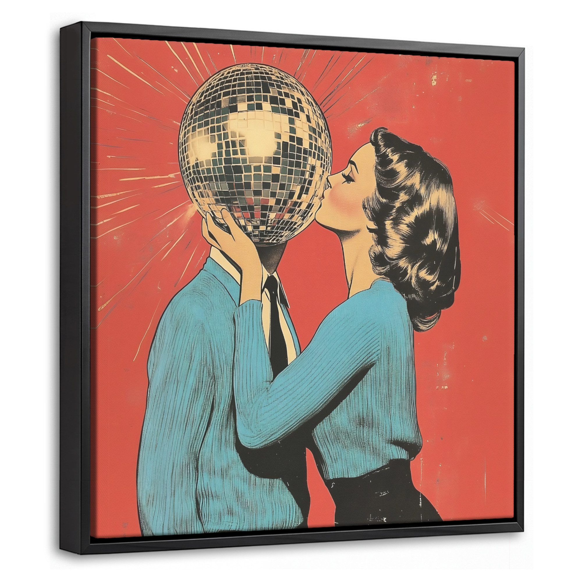 OneMillionCanvasses® Leinwandbild mit Rahmen - Frau - Retro - Discokugel - Kuss, Fotodruck (1 St), Leinwand Bilder Klein, Wand Dekoration Aesthetic 20x20cm