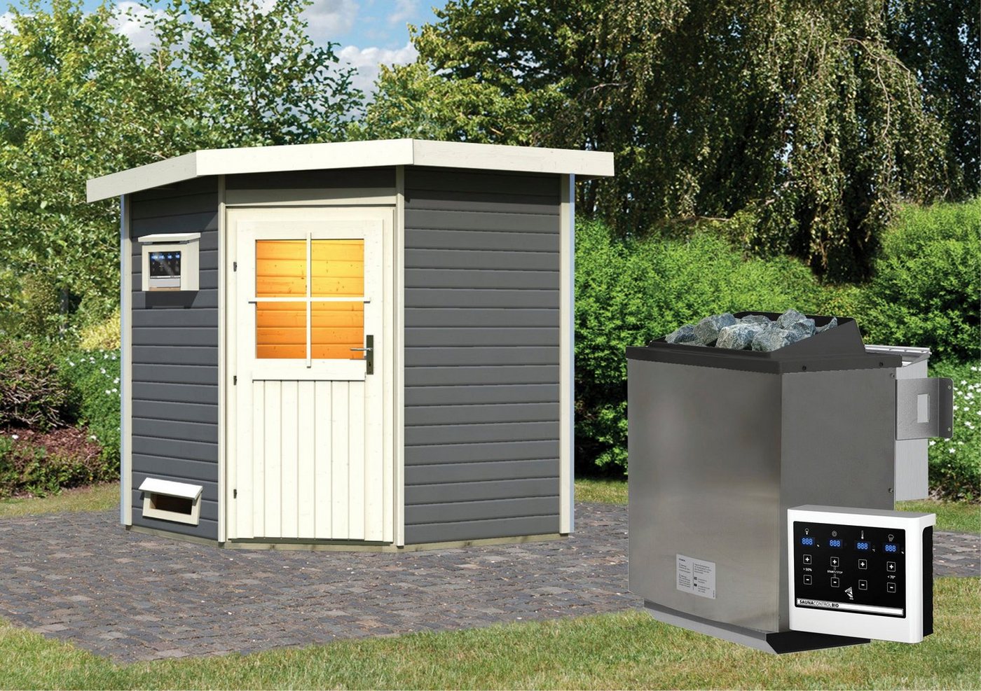Thumbnail - Karibu Saunahaus Fiete, BxTxH: 196 x 196 x 226 cm, 38 mm, (Set) klassiche Tür, Ofen 9 KW Bio externe Strg easy
