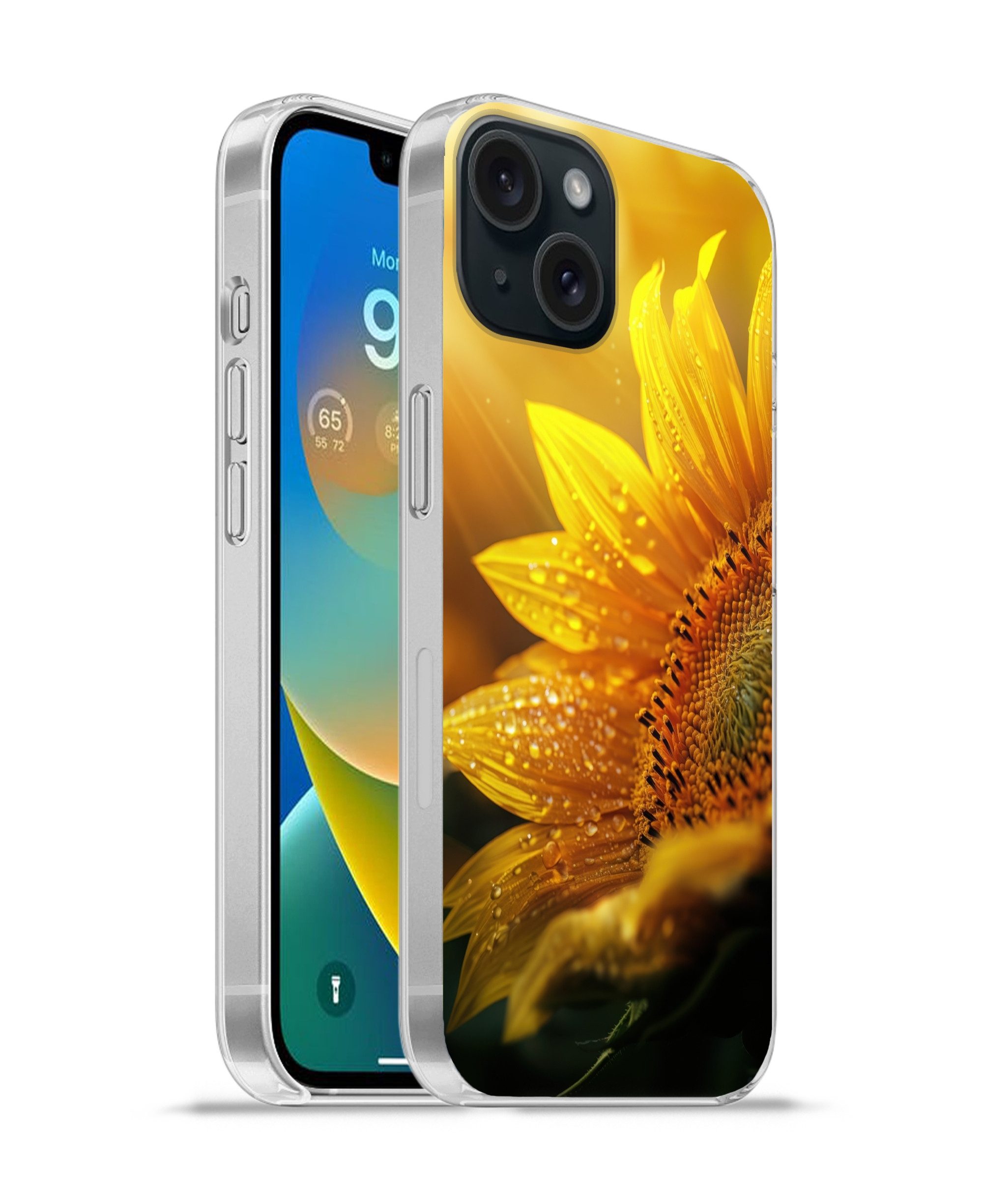 MuchoWow Handyhülle für Apple iPhone 15 Sonnenblume - Tautropfen - Gelb - Sonnenlicht, Smartphone-Bumper, Print, Handy Schutzhülle Dünn