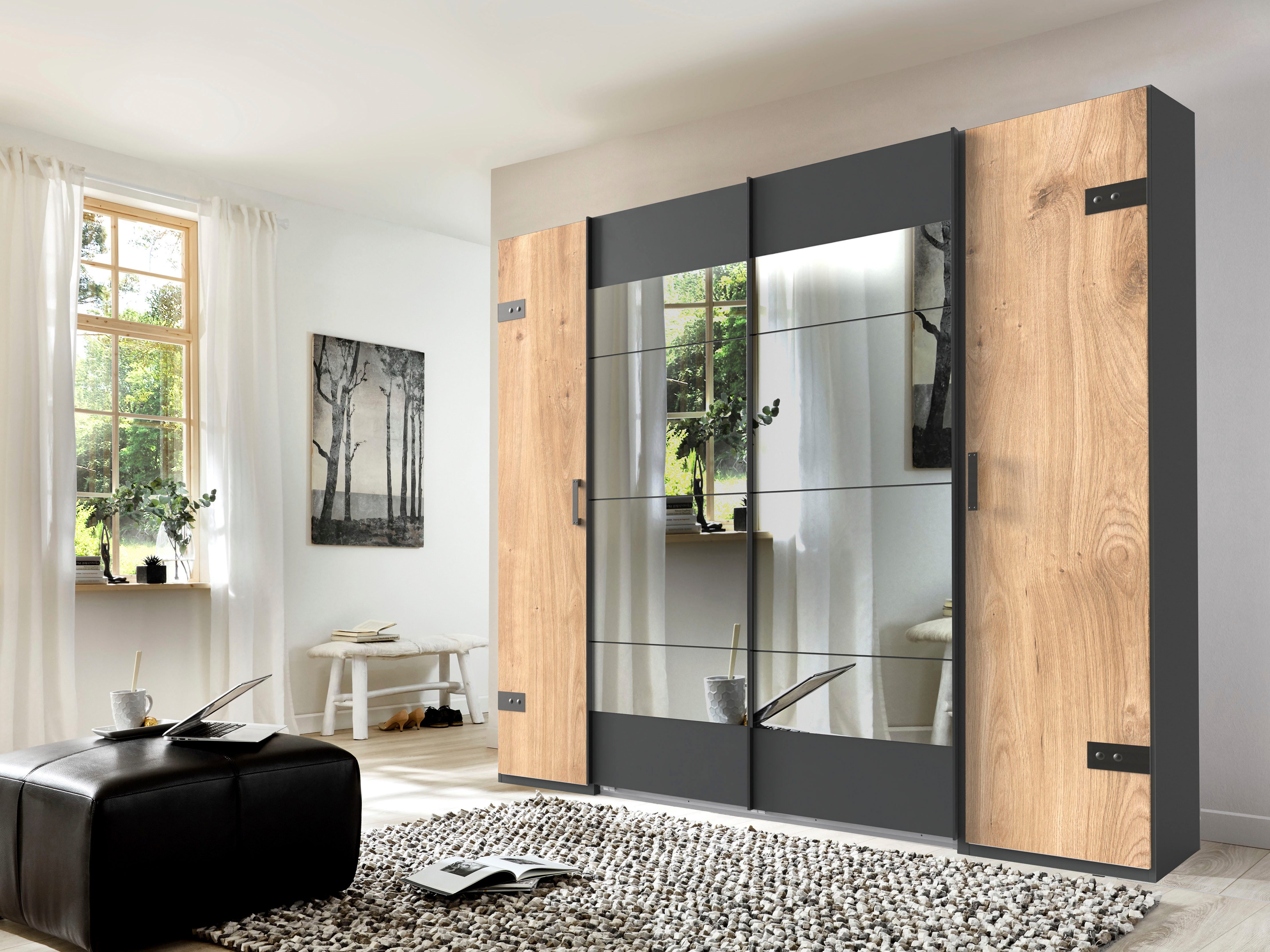 Wimex Schwebetürenschrank Stockholm, Schlafzimmerschrank mit Industrial-Look, rustikale Optik Kleiderschrank mit Spiegel BESTSELLER Schrank Garderobe