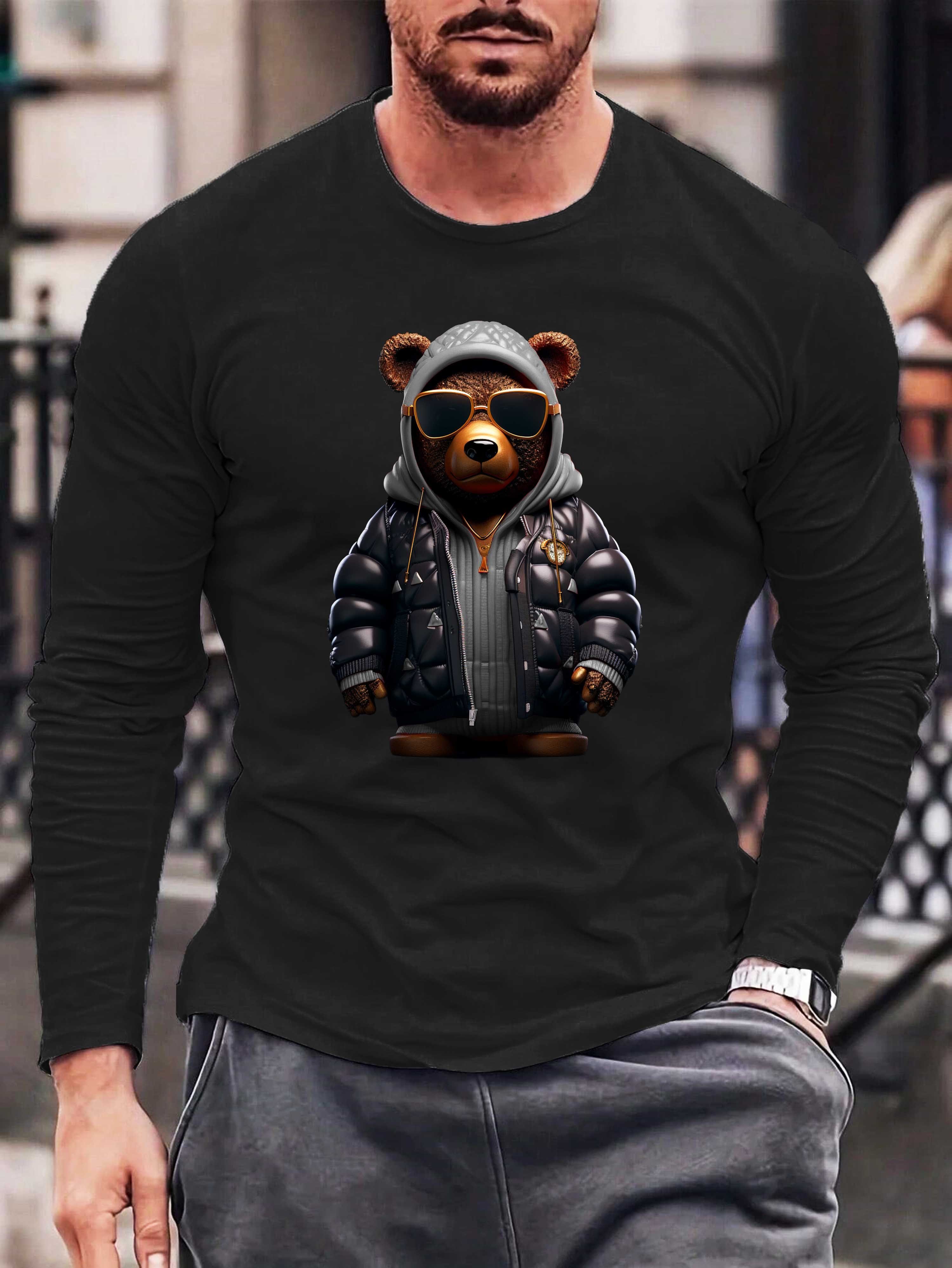 mit Langarmshirt Herren Basic aus Gangster Baumwolle, Longsleeve Schwarz-Grau Lizenziertem Teddybär Print RMK Rundhals