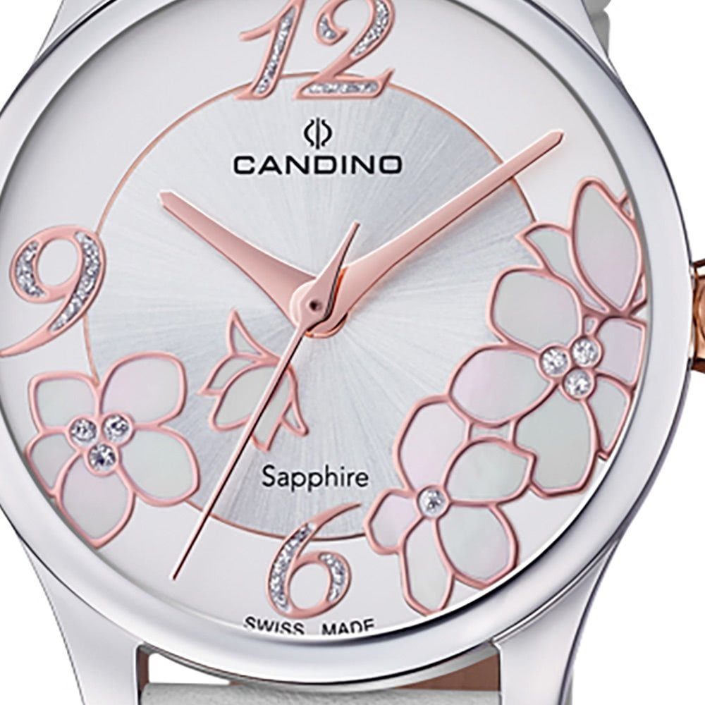 Candino Quarzuhr Candino Damen Armbanduhr Elegance, (Analoguhr), Damen Armbanduhr rund, Lederarmband weiß, Fashion