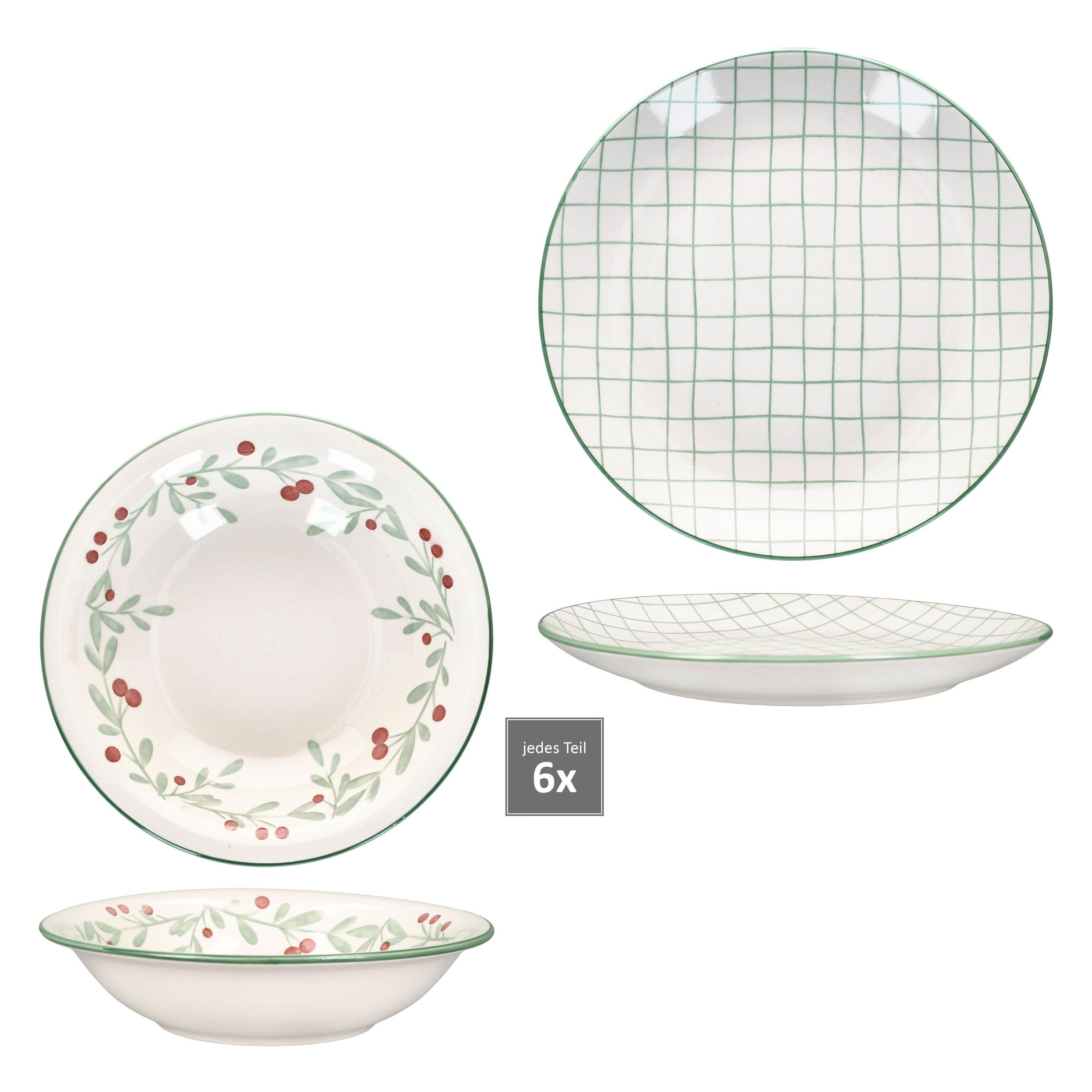 MamboCat Tafelservice 12tlg Tafelservice Holly 6 Pers. Essteller Suppenteller Mistelzweig, Steingut, Weihnachtsgeschirr, Weihnachten, Weihnachtsset, Geschirr