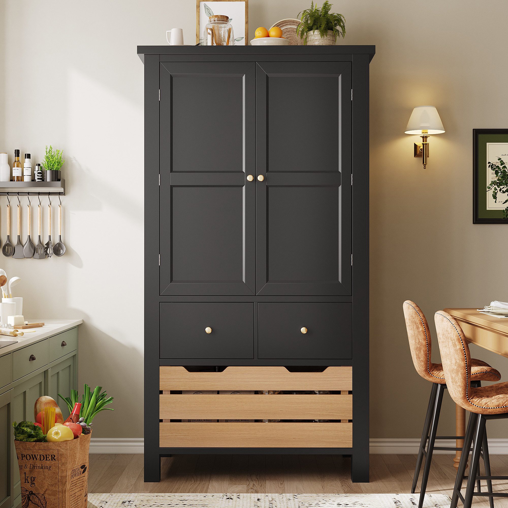 Flieks Küchenbuffet Mehrzweckschrank mit 5 Schubladen und 2 Türablagen (1-St., 80x40x140 cm) Hochschrank Küchenschrank mit Aufbewahrungskorb in Holzoptik