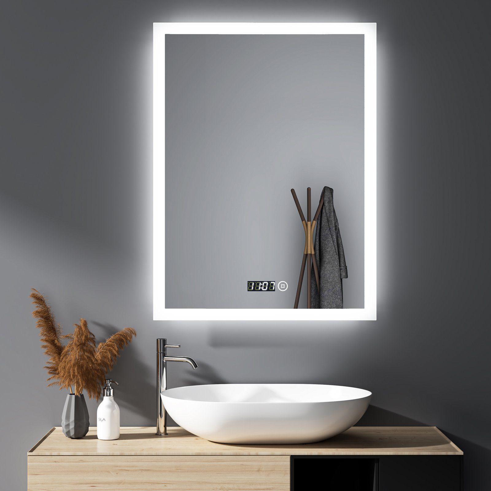 WDWRITTI Spiegel Led Badspiegel 50x70 mit Uhr Touch Dimmbar  Kalt/Neutral/Warmweiß (Speicherfunktion, IP44), Wandschalter auswählbar