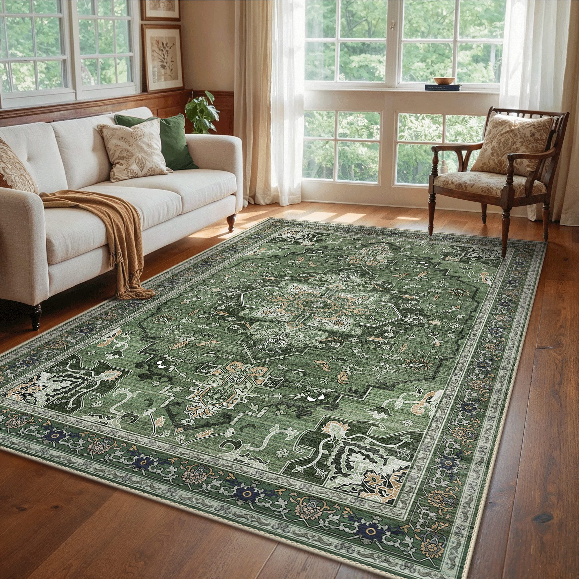 GENIMO Teppich Wohnzimmer Teppich, Boho Vintage, waschbar, rutschfest, Kurzflor, groß, rechteckig, 120×170cm, dunkelgrün