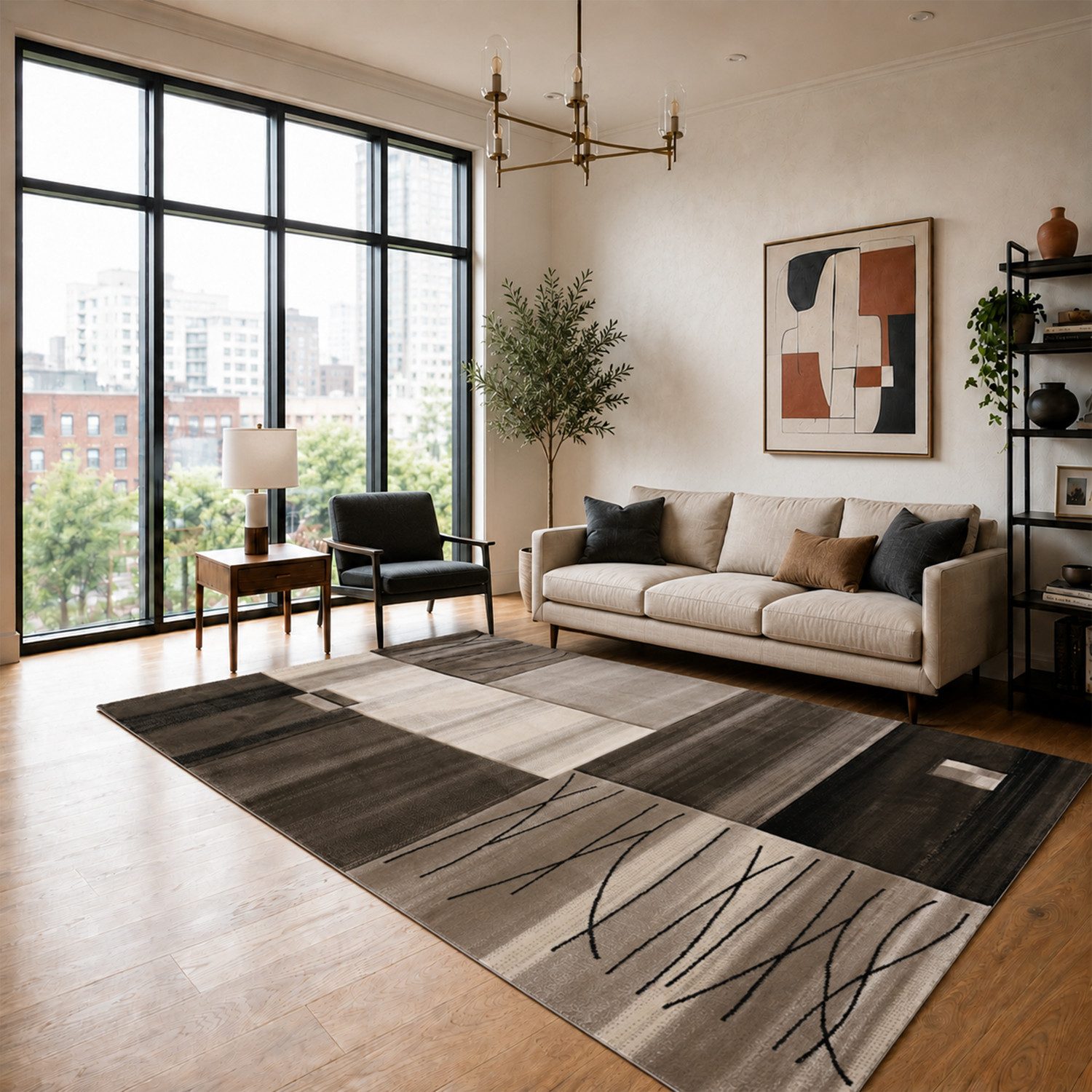 Vimoda Teppich Wohnzimmer Designer Teppich Grau Kachel Motiv, Rechteckig, Höhe: 12 mm, Teppich dicht mit Farbverlauf und Konturenschnitt – Bild 5 von 5