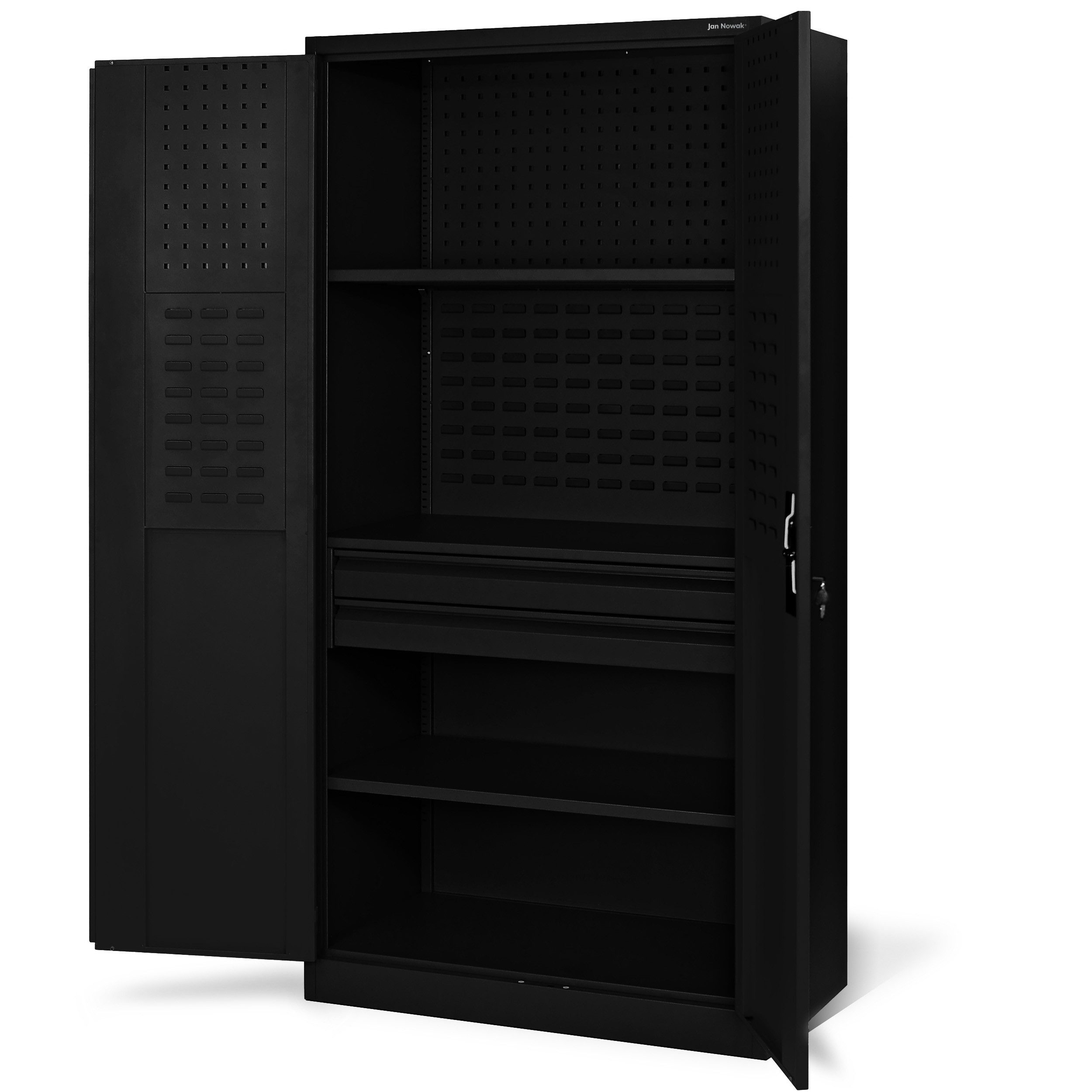 Jan Nowak Werkzeugschrank Metall Werkstattschrank SZYMON 92 cm 3 Böden 2 Schubladen (1,1 mm 185 x 92 x 50 cm Lochabstand 27 mm 120 kg PZH) Werkzeugaufbewahrung abschließbar Lochwand 185 cm hoch PZH
