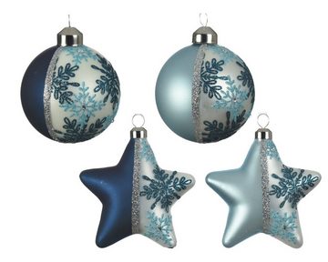 Decoris season decorations Weihnachtsbaumkugel, Weihnachtskugeln Glas 8cm mit Schneeflocken Motiv 12er Set blau mix