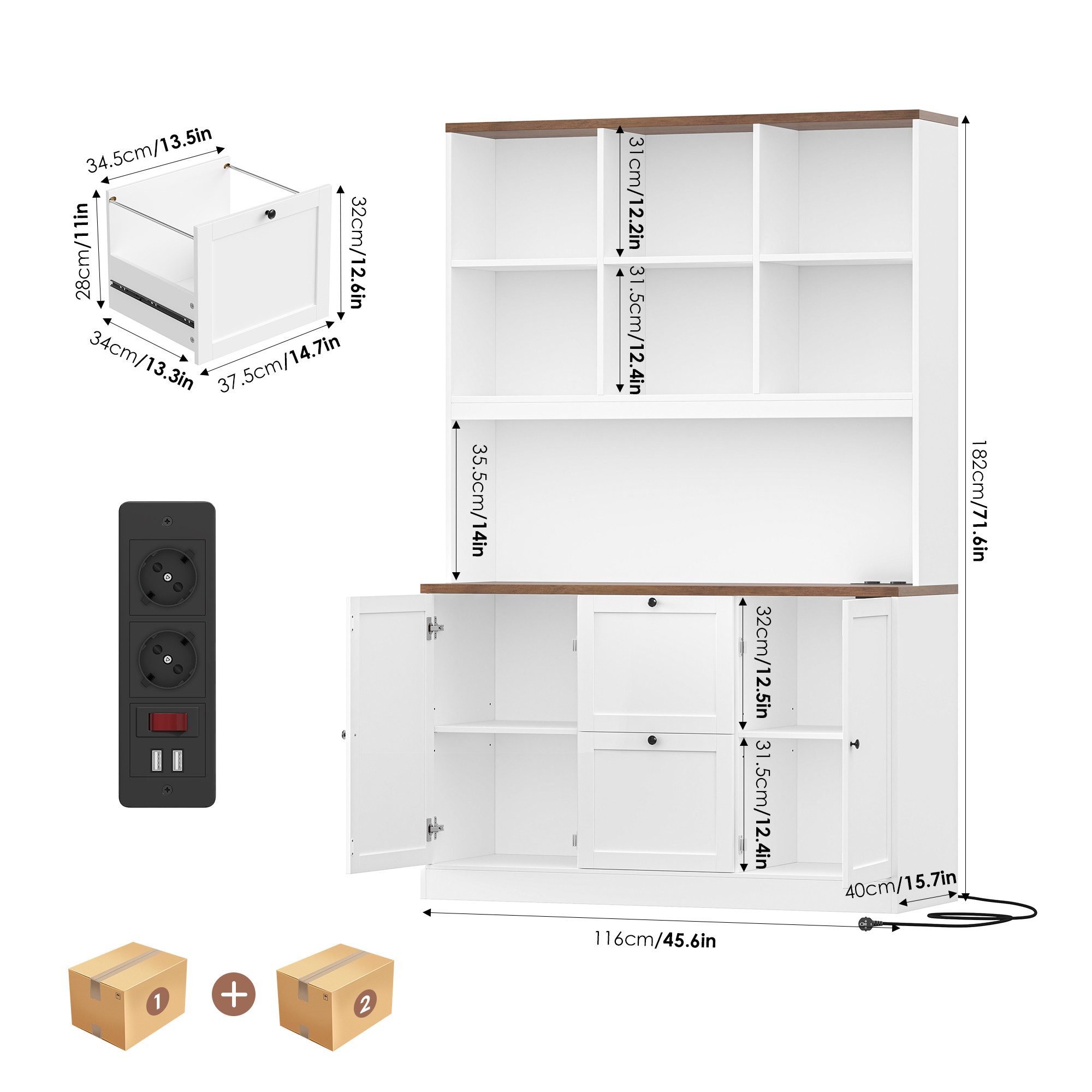 Homfa Bücherregal 182 cm Aktenschrank Mehrzweckschrank, mit Steckdose, 2 Türen und 2 Schubladen für Hängemappen A4, weiß