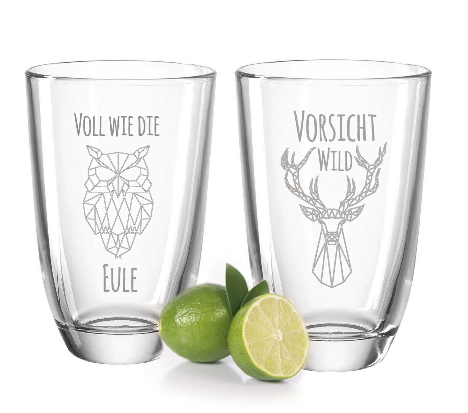 GRAVURZEILE Cocktailglas 2er Set GIN-Gläser mit Gravur - Volll wie die Eule  + Vorsicht Wild!, Glas, Witzige GIN-Geschenkidee
