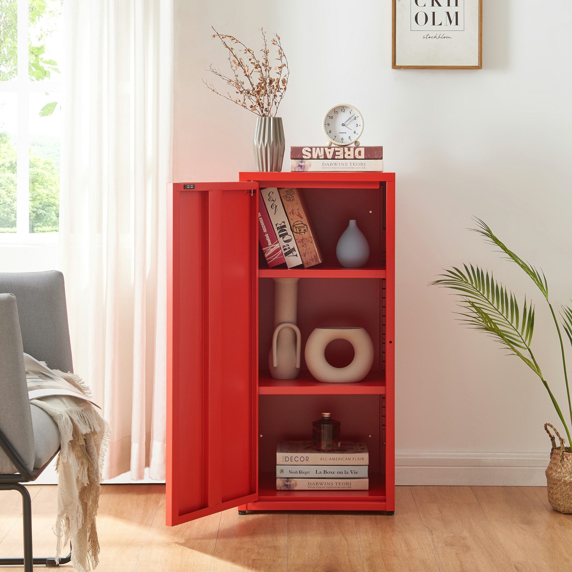en.casa Mehrzweckschrank »Burlöv« mit 1 Tür und 2 Ablagen 88x40x35 cm Rot