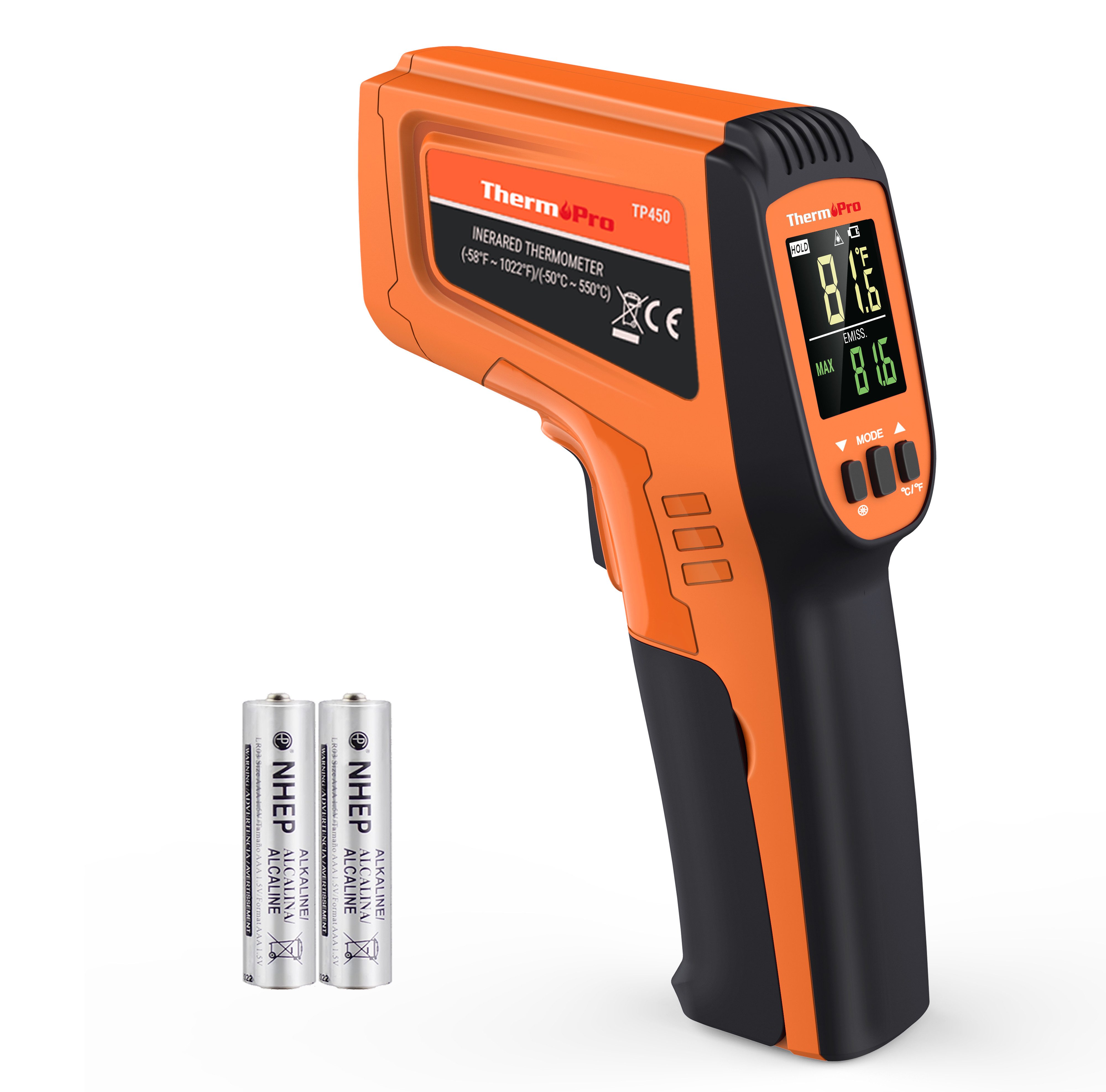 ThermoPro Infrarot-Thermometer TP450, Dual-Laser, einstellbarer Emissionsgrad, MAX/MIN/AVG
