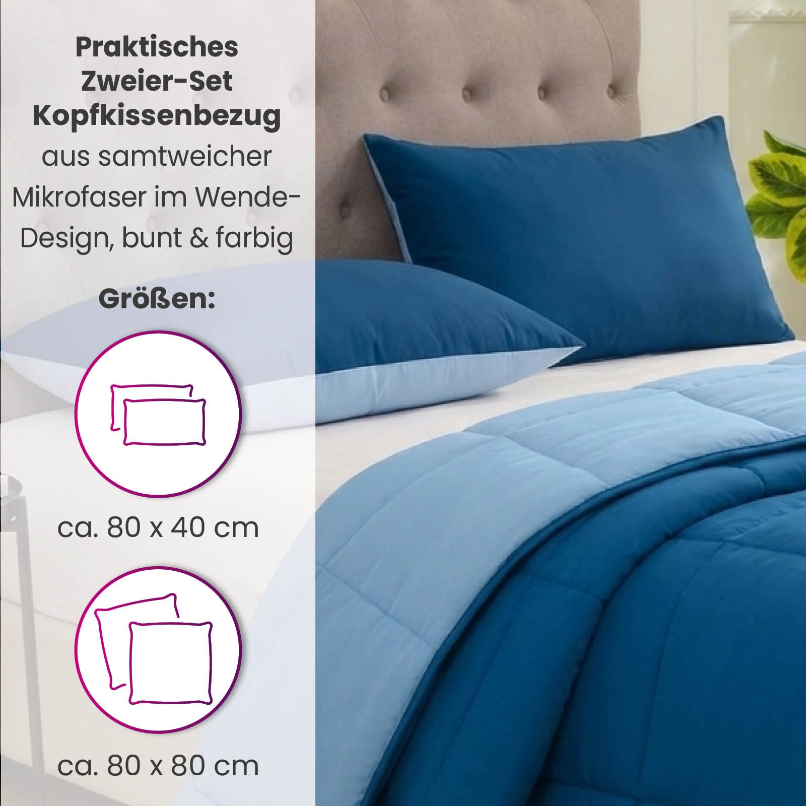 wometo Microfaserbettdecke Microfaser Kissenhüllen Doppelpack blau 40x80, OEKO-TEX®, praktischer Hotelverschluss