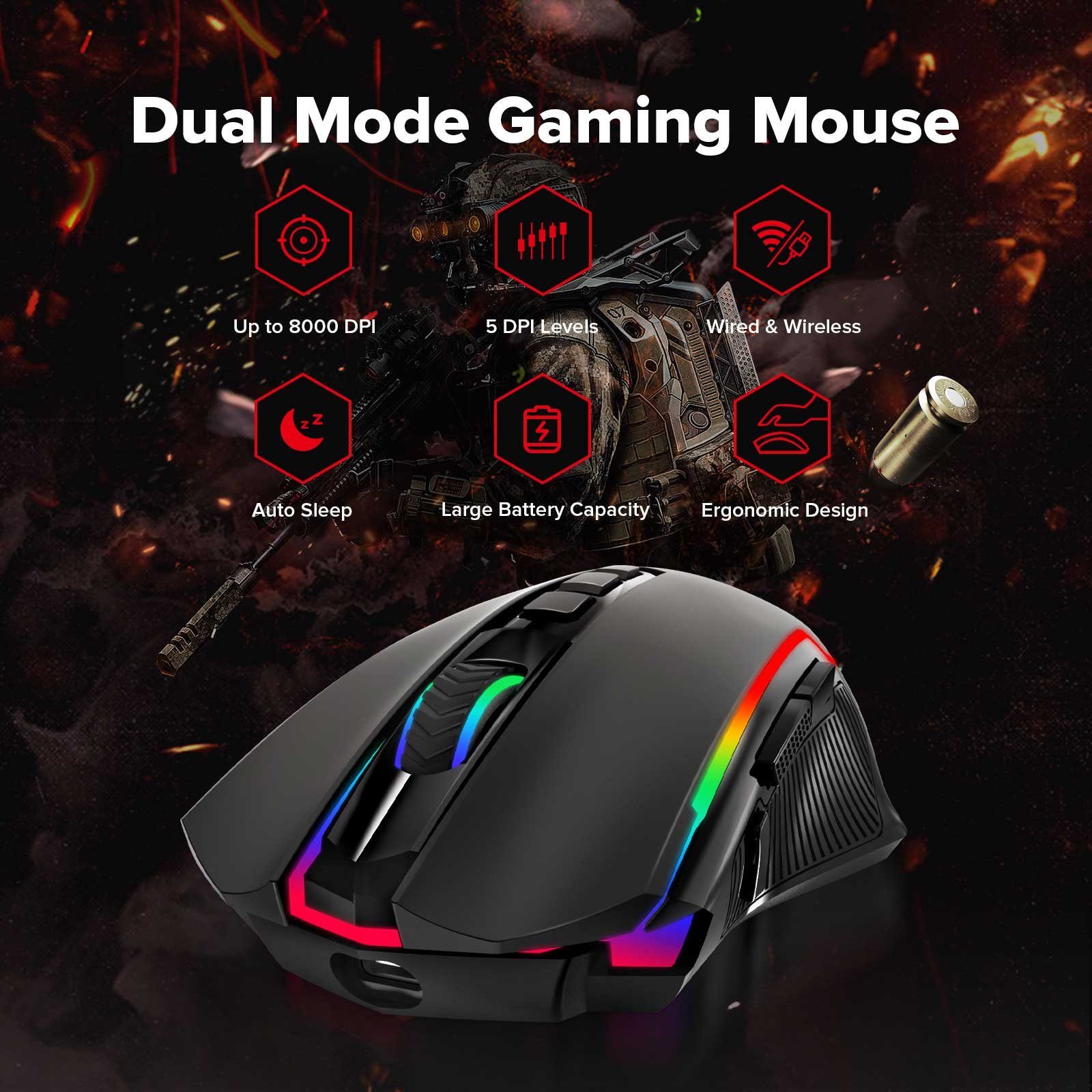 Redragon M910-KS Maus (Drahtlos/Kabelgebundene Double Modes, Gaming-Maus 8000 DPI mit Schnellfeuer-Tasten)