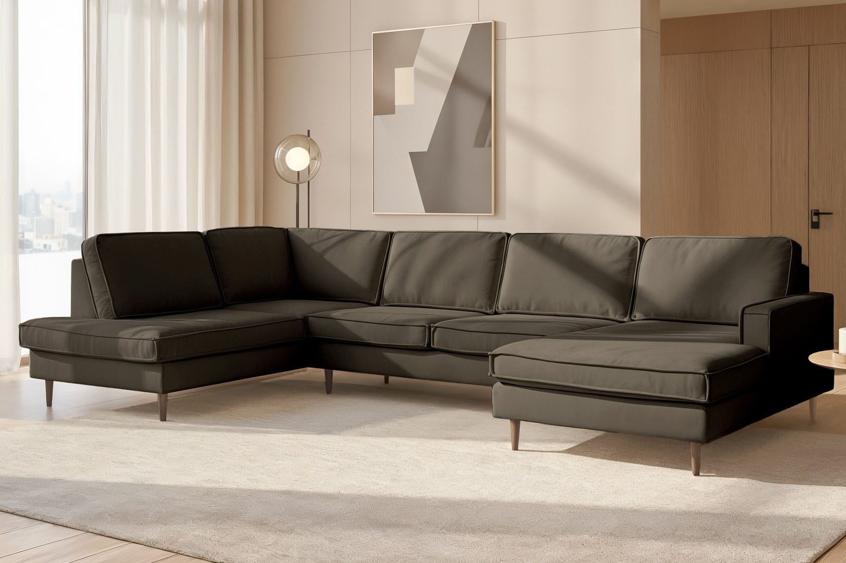 Home affaire Wohnlandschaft Pinto Skandi, 350 cm, U-Form, XXL, mit Ottomanen, mit Keder, Massivholzfüße Eiche geräuchert, Wellenunterfederung