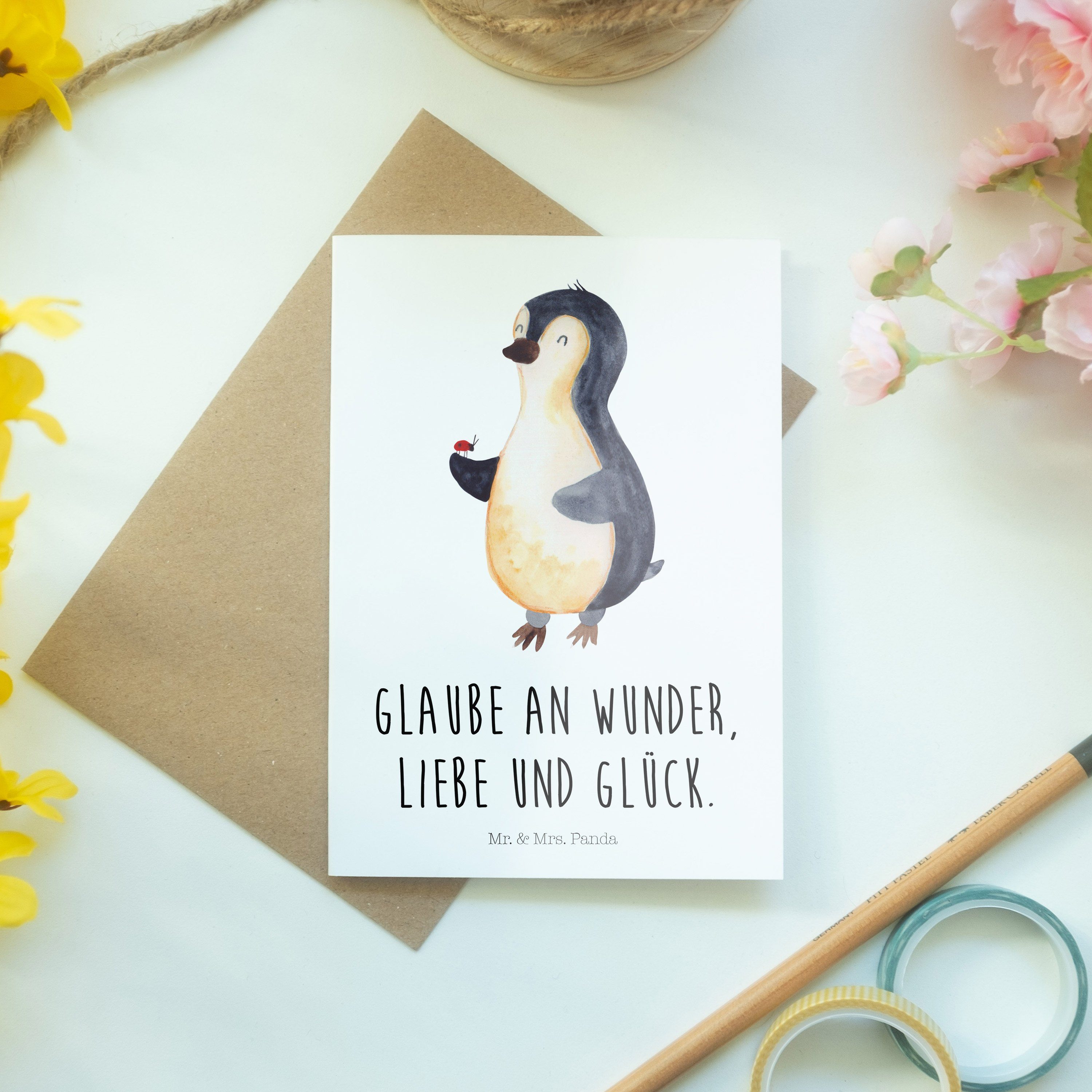 Mr. & Mrs. - Marienkäfer Weiß Einladungskarte, Panda - Pinguin Geschenk, Grußkarte Glückwunschka