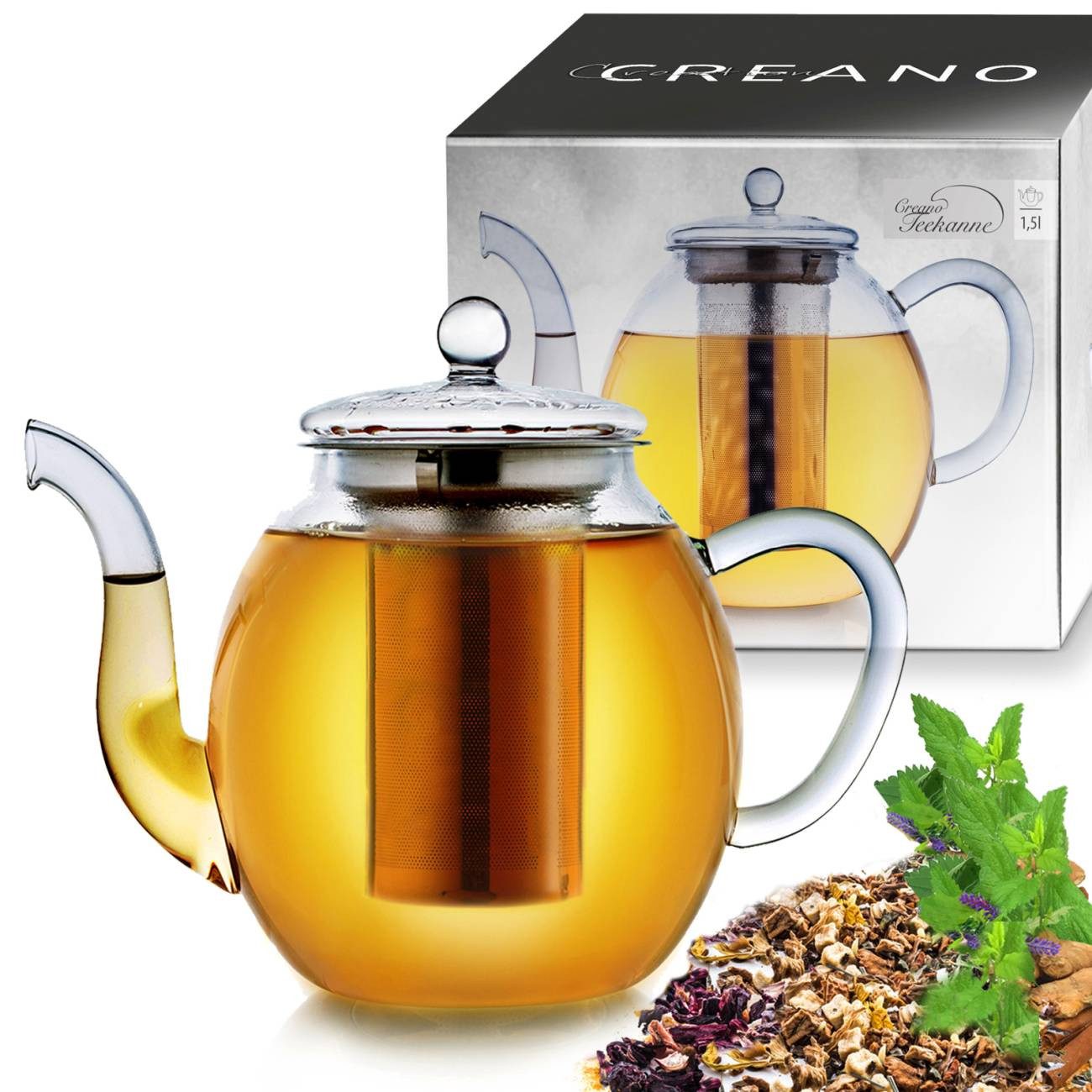 Creano Teekanne Creano Glas-Teekanne 1,5l, Edelstahl-Sieb und Glas-Deckel, all-in-one, 1,5 l, (1er-Set, 3-St., Teekanne & Deckel), tropffrei