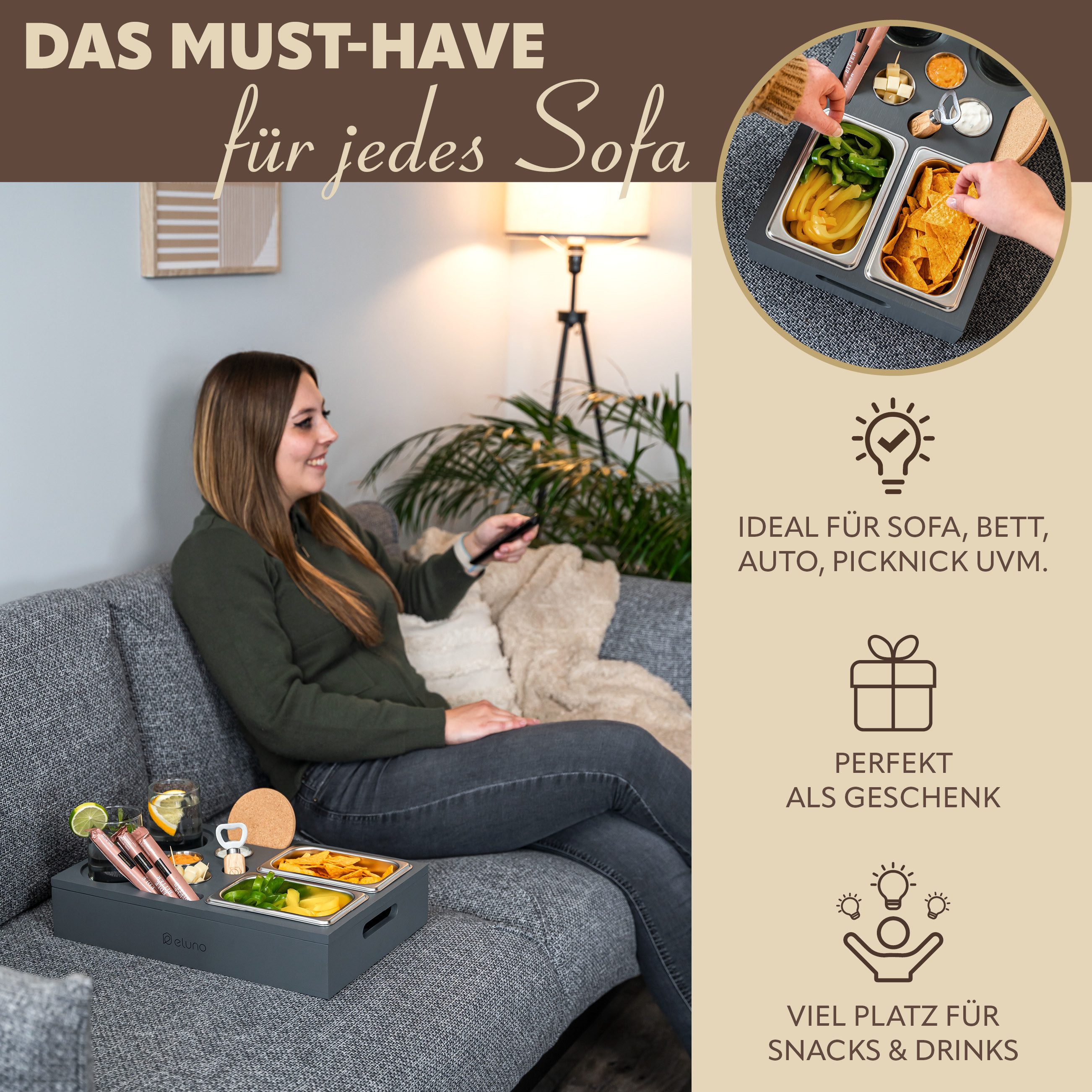 eluno Snackschale Couchbar mit abnehmbarem Deckel aus Bambus