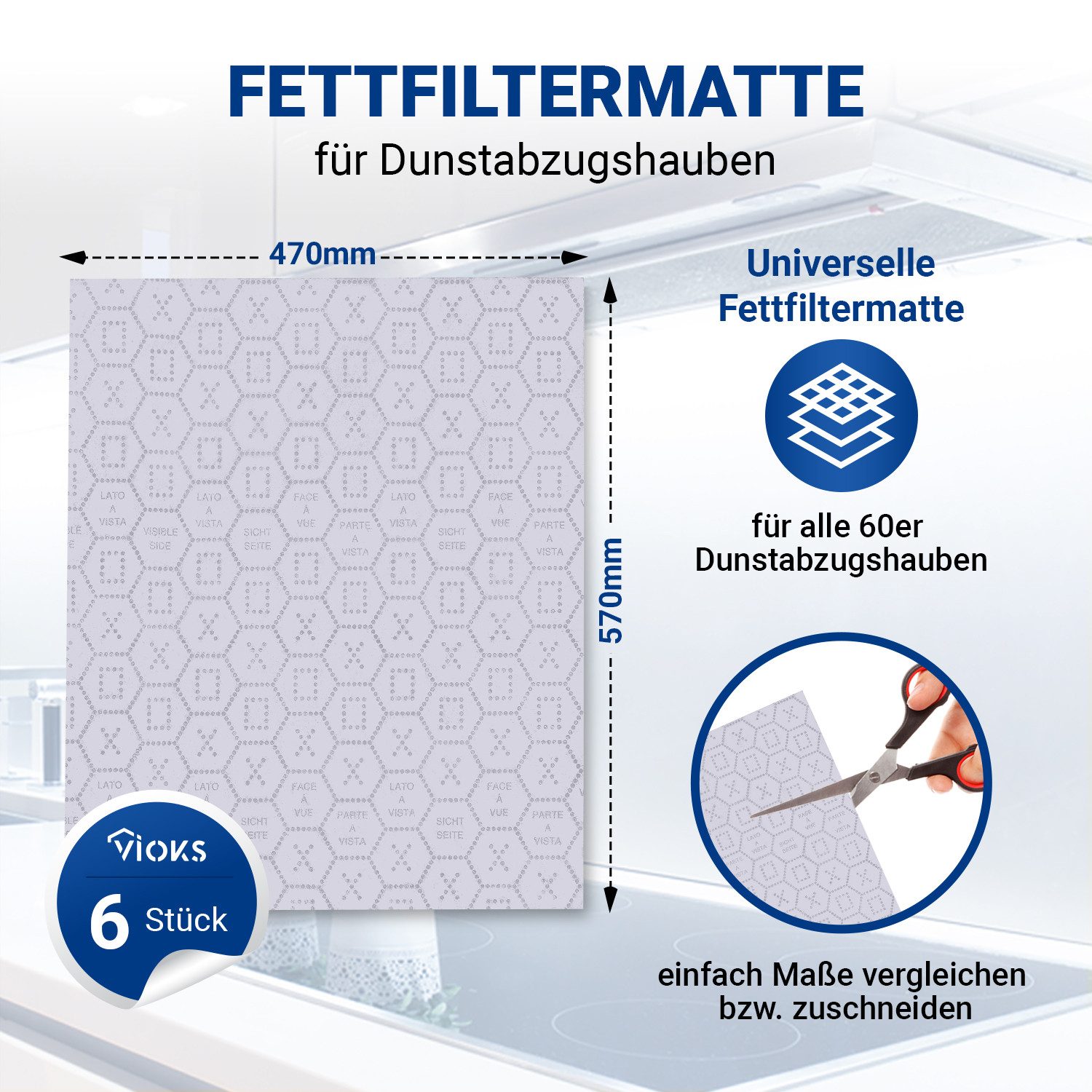 VIOKS Filtermatte Fettfiltermatte 570x470 mm universal, für Dunstabzugshaube, (4-St), Vliesfilter zuschneidbar mit Sättigungsanzeige