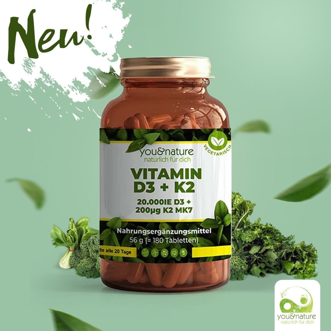 You&Nature Vitamin D3 + K2 MK7 20.000 IE + 200 µg 180 Tabletten Tabletten, 180 er 0.056 g, vegetarisch, ohne Konservierungsstoffe