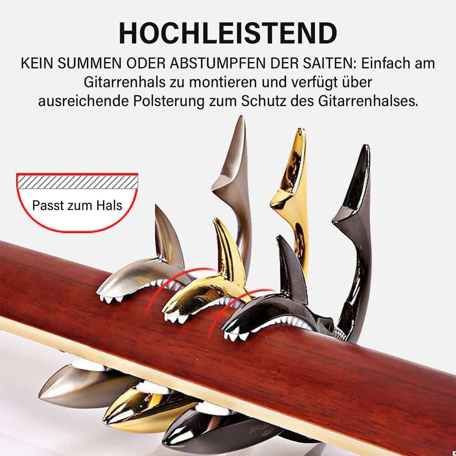MOPUEA Westerngitarre Gitarrenkapodaster Haifischform Silikonpad für Westerngitarre&E-Gitarr, Gitarren-Zubehör-Set, ideal für Gitarren und Saiteninstrumente, 1-St., Capo mit Silikonpolstern, 10Plektren (0,46 mm) und Aufbewahrungsbeutel, Hohe Qualität, einfache Handhabung, langlebige Materialien
