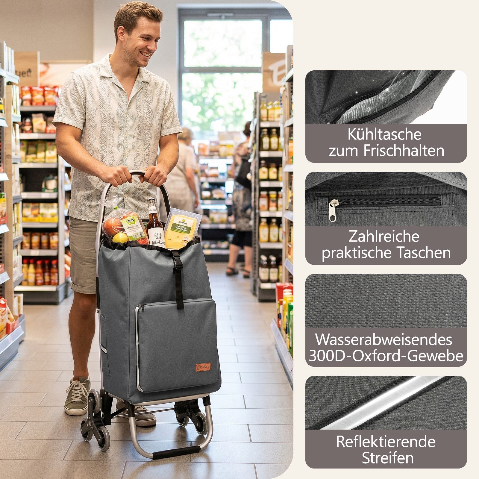 Sekey Einkaufstrolley Aluminium 2-in-1 Faltbar Einkaufstrolley Treppensteiger mit Kühltasche, 50 l zusammenklappbarer Transportwagen Treppensteiger Einkaufswage – Bild 5 von 5