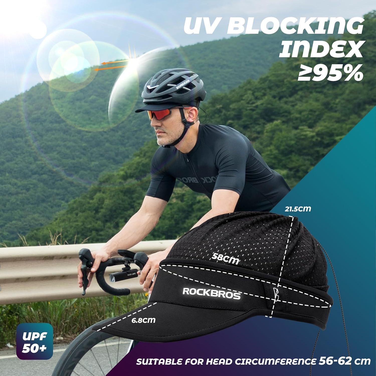 ROCKBROS Unterhelmmütze Fahrradkappe mit UV-Schutz, atmungsaktiv, verstellbar, Unisex