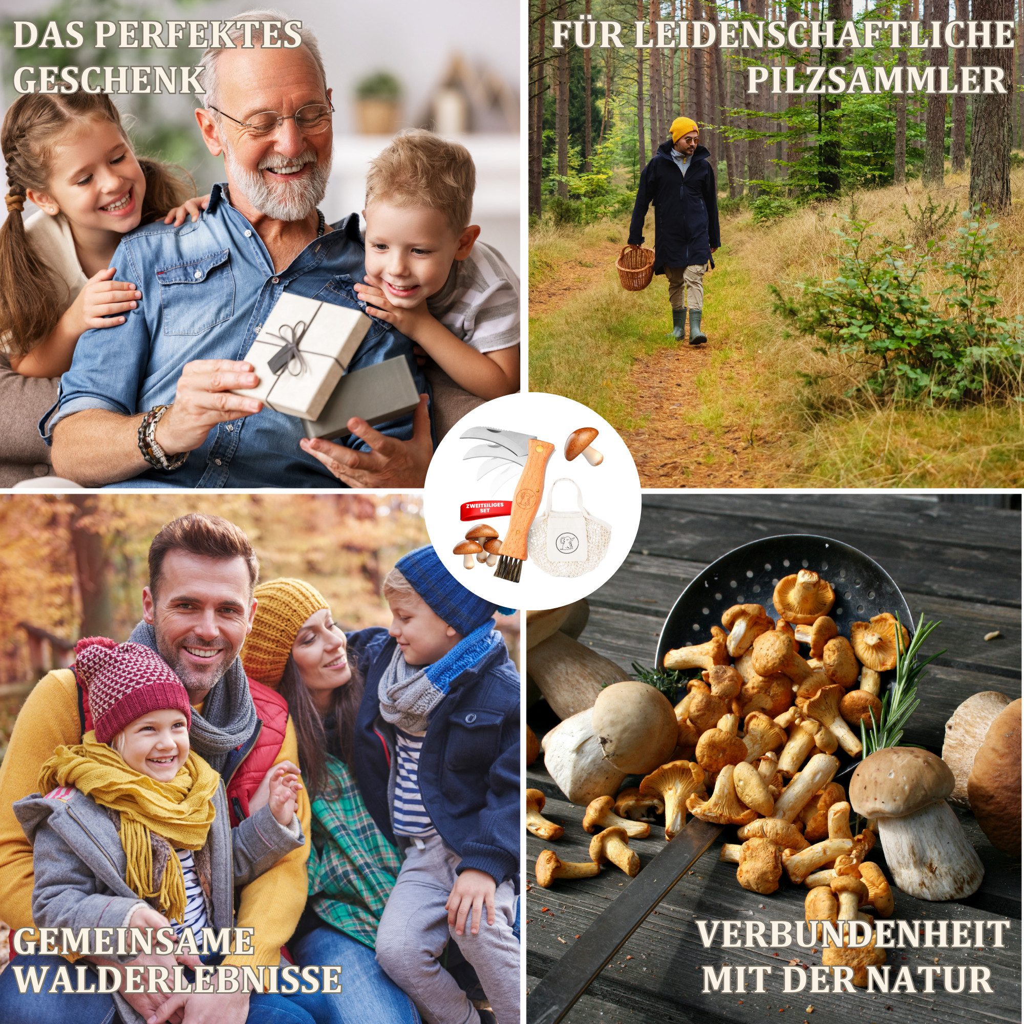 Eli Taschenmesser Pilzmesser mit Bürste und Tasche aus Baumwolle - Klappmesser, (Gartenhippe - Pilzbürste - Beutel - Schnitzmesser, 2 St., hochwertiges Schwammerlmesser mit Pinsel - Gartenmesser), ergonomischer Griff - Links und Rechtshänder - Tasche aus Baumwolle