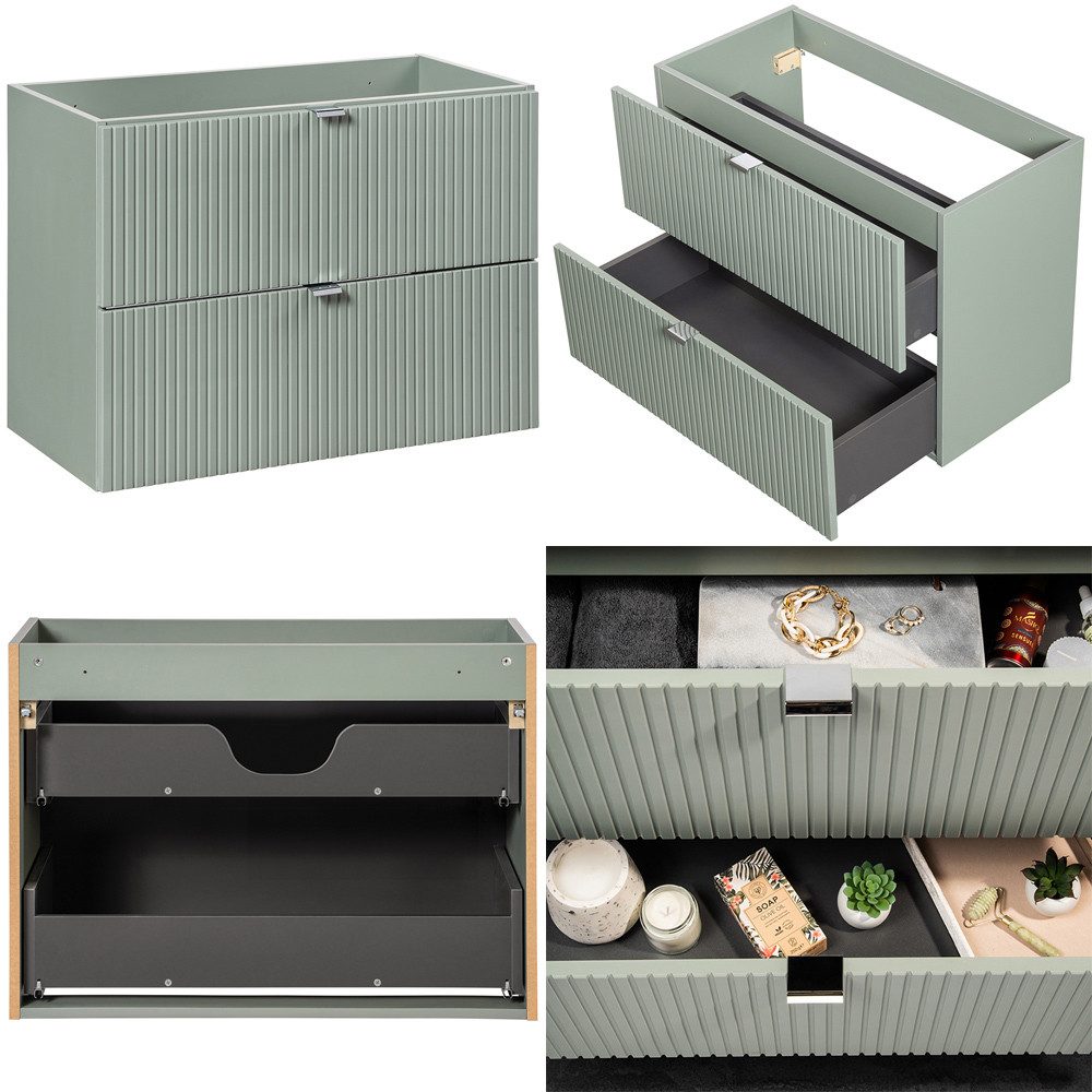 Lomadox Badmöbel-Set NEWPORT-56-GREEN, (Spar-Set, 6-St., Hochschrank Regaleinsatz Spiegel Waschtisch Hängeschränke Badregal), in grün und Eiche, gerillte Front, 80cm Waschtisch, 40cm tief