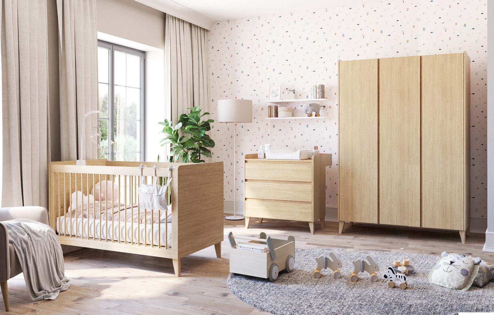 QMM TraumMöbel Babyzimmer-Komplettset Babyzimmer Maya komplett Set B, (Set, 4-tlg., Schrank 3-türig, Kommode, Wickelaufsatz, Kinderbett 140x70), Schrank mit LED-Beleuchtung