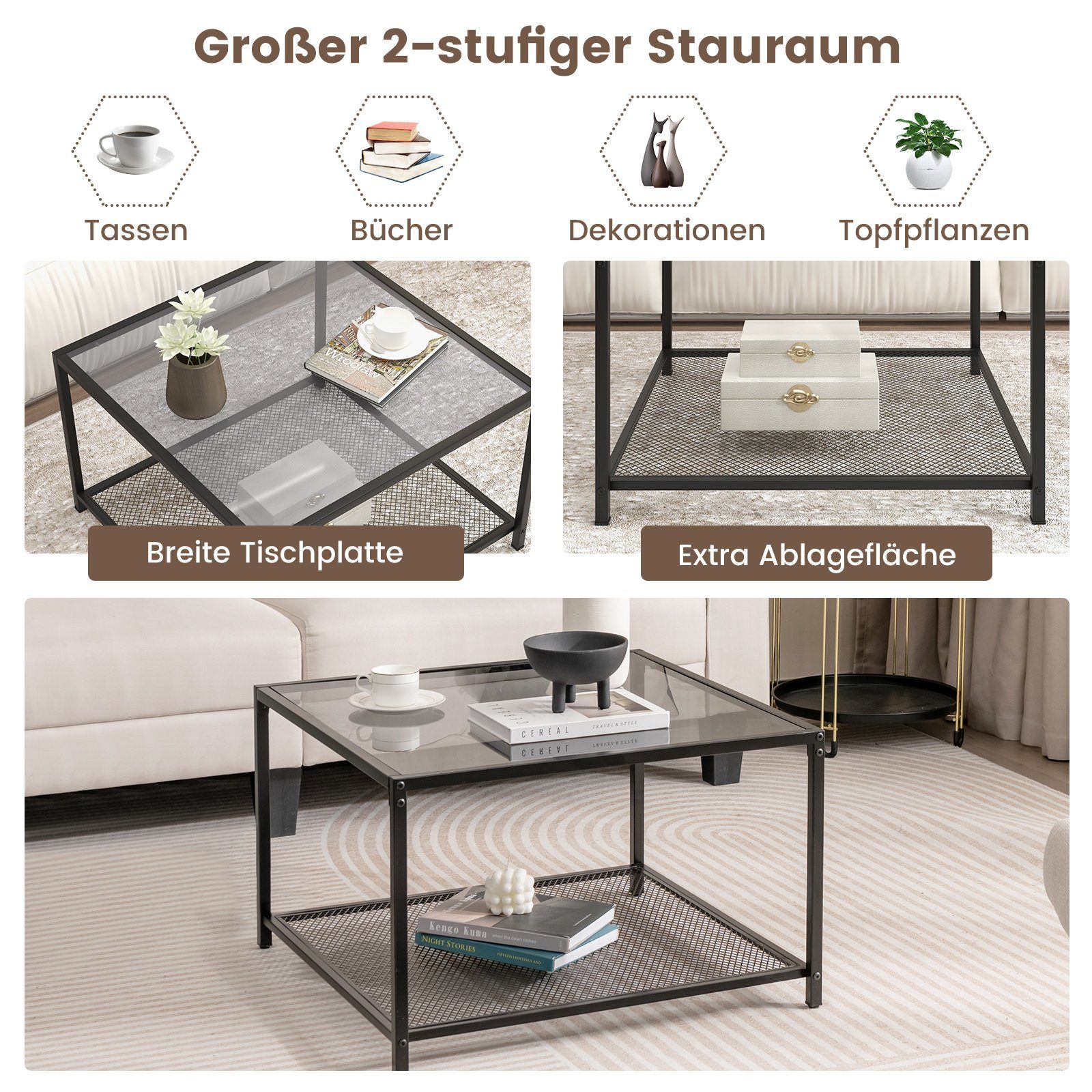 COSTWAY Couchtisch, Glas, 2 Ebenen mit günstig online kaufen